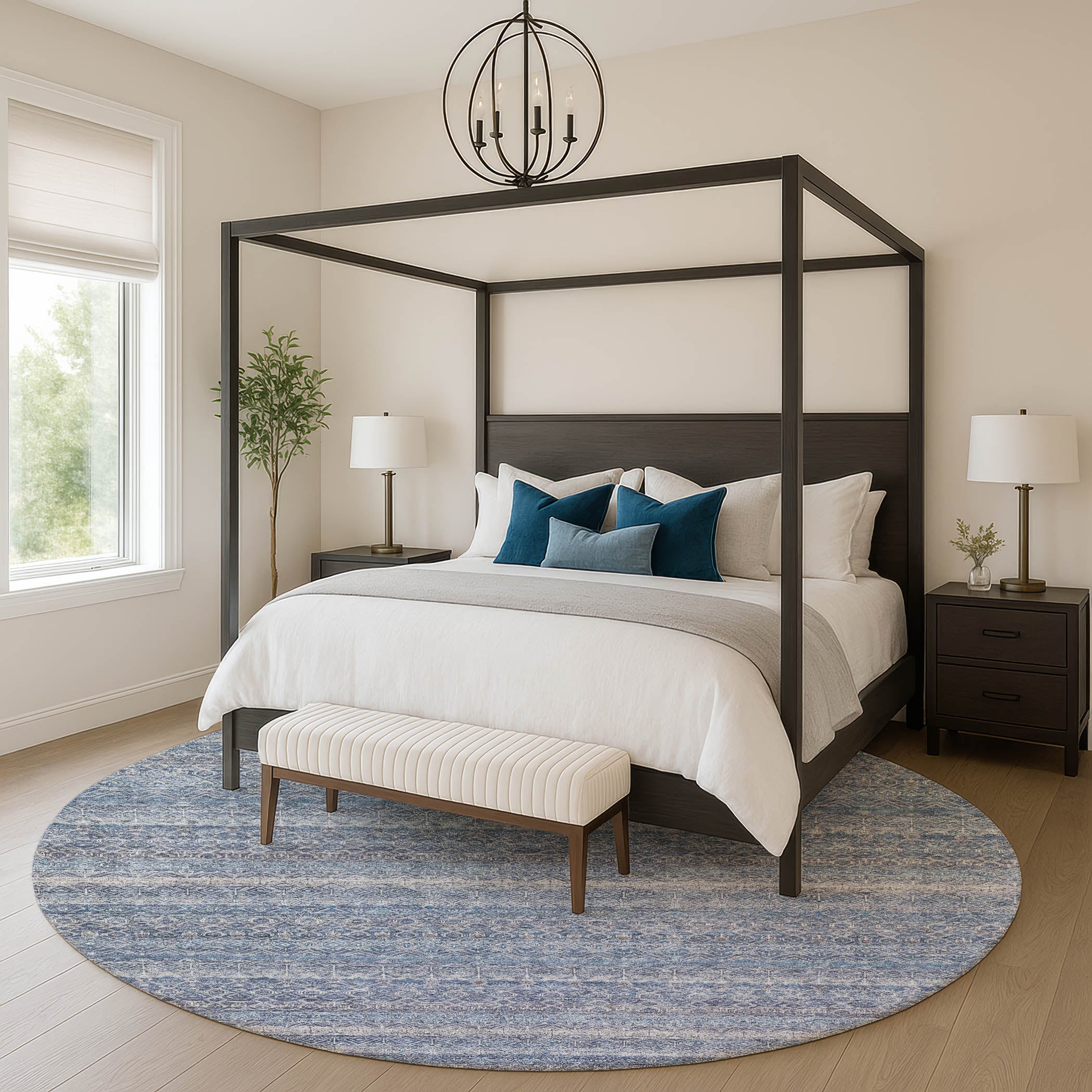 Rome Machine Washable Transitional Blue Rug 8' x 8' #shape_Round