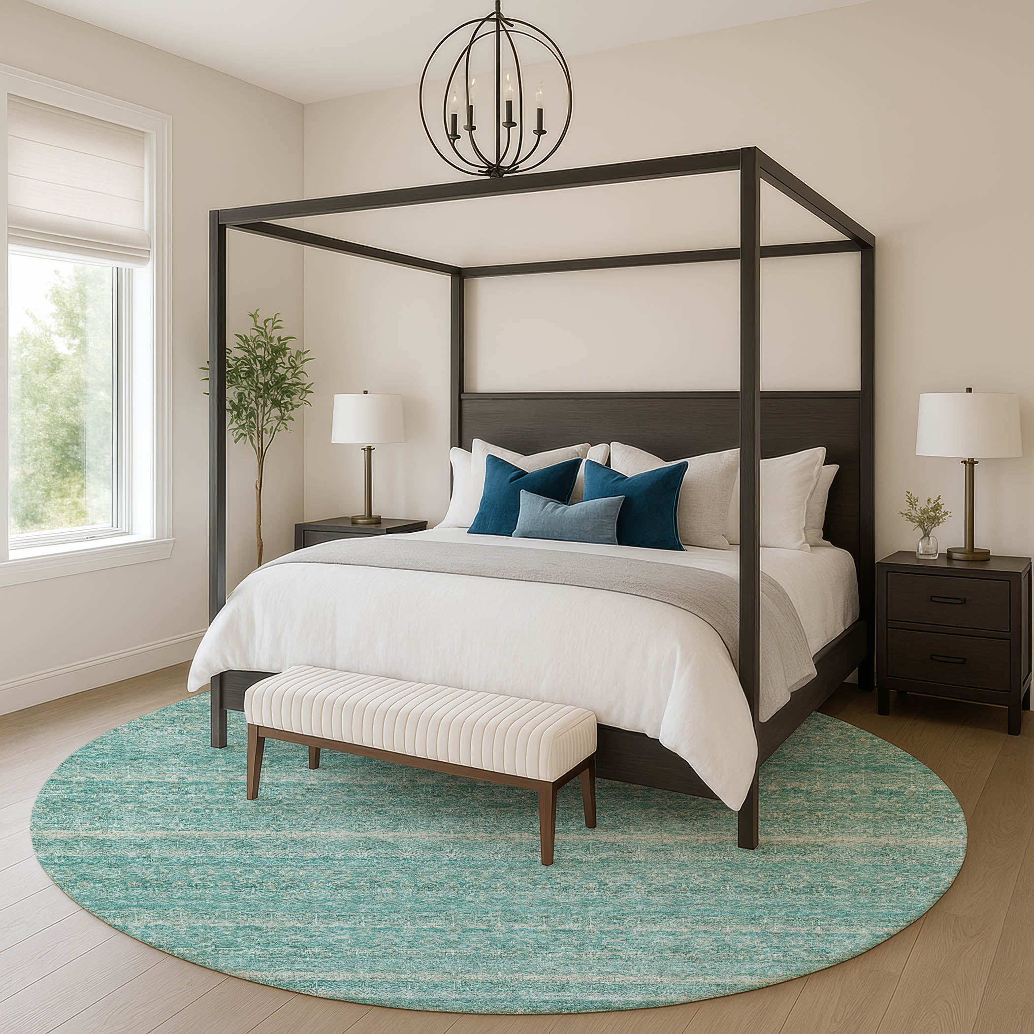 Rome Machine Washable Transitional Teal Rug 8' x 8' #shape_Round