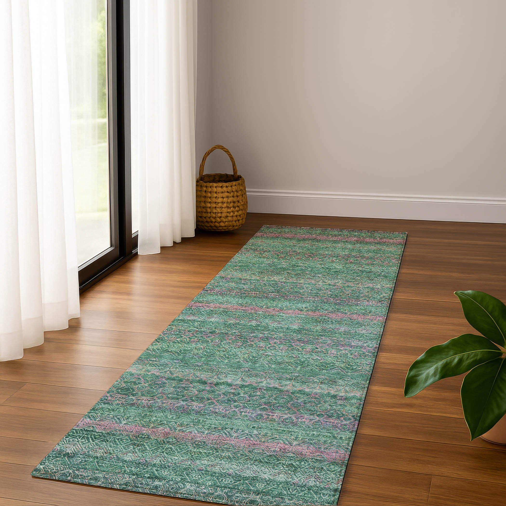 Dubrovnik Machine Washable Transitional Green Rug 2'3" x 7'6" #shape_Runner