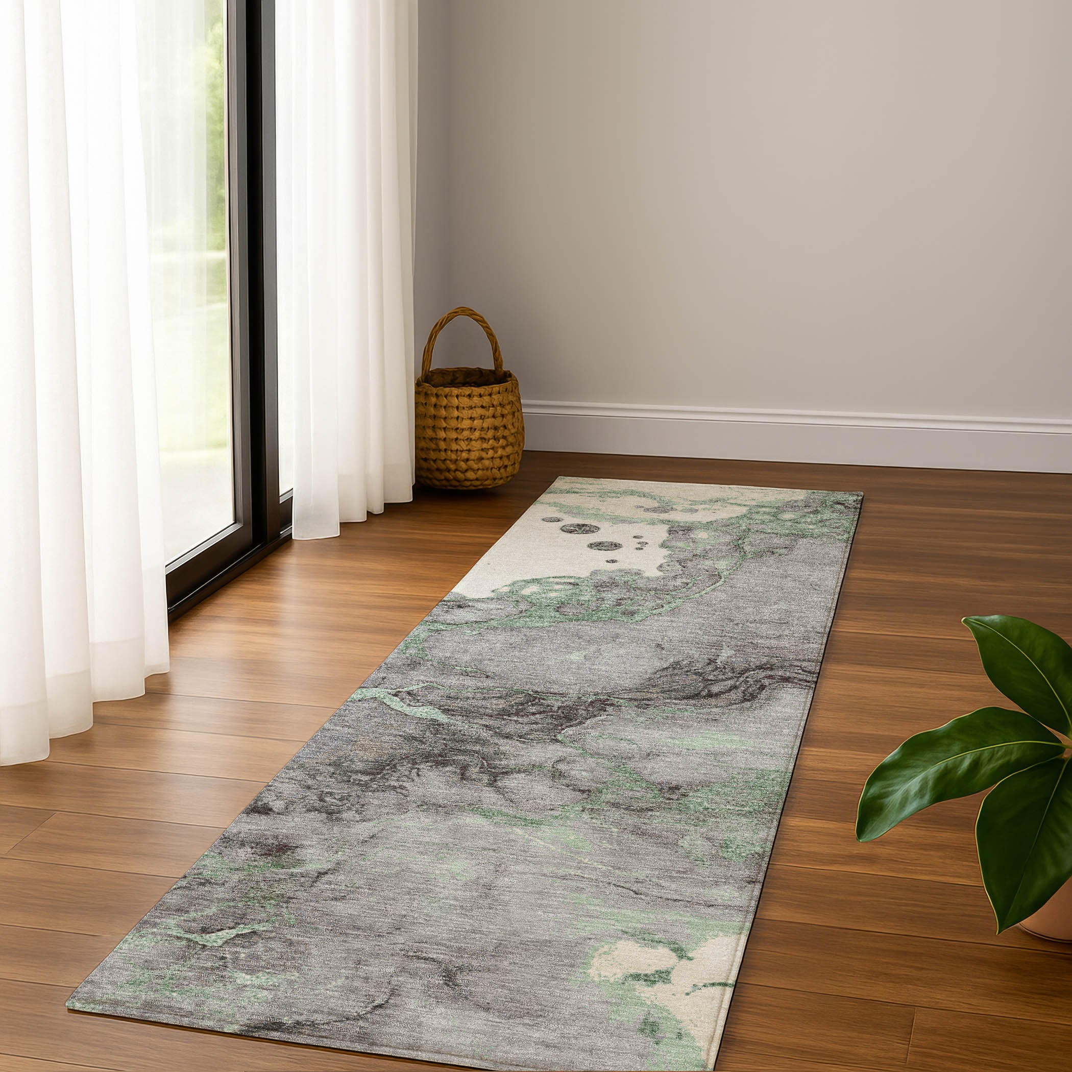 Porto Machine Washable Transitional Green Rug 2'3" x 7'6" #shape_Runner