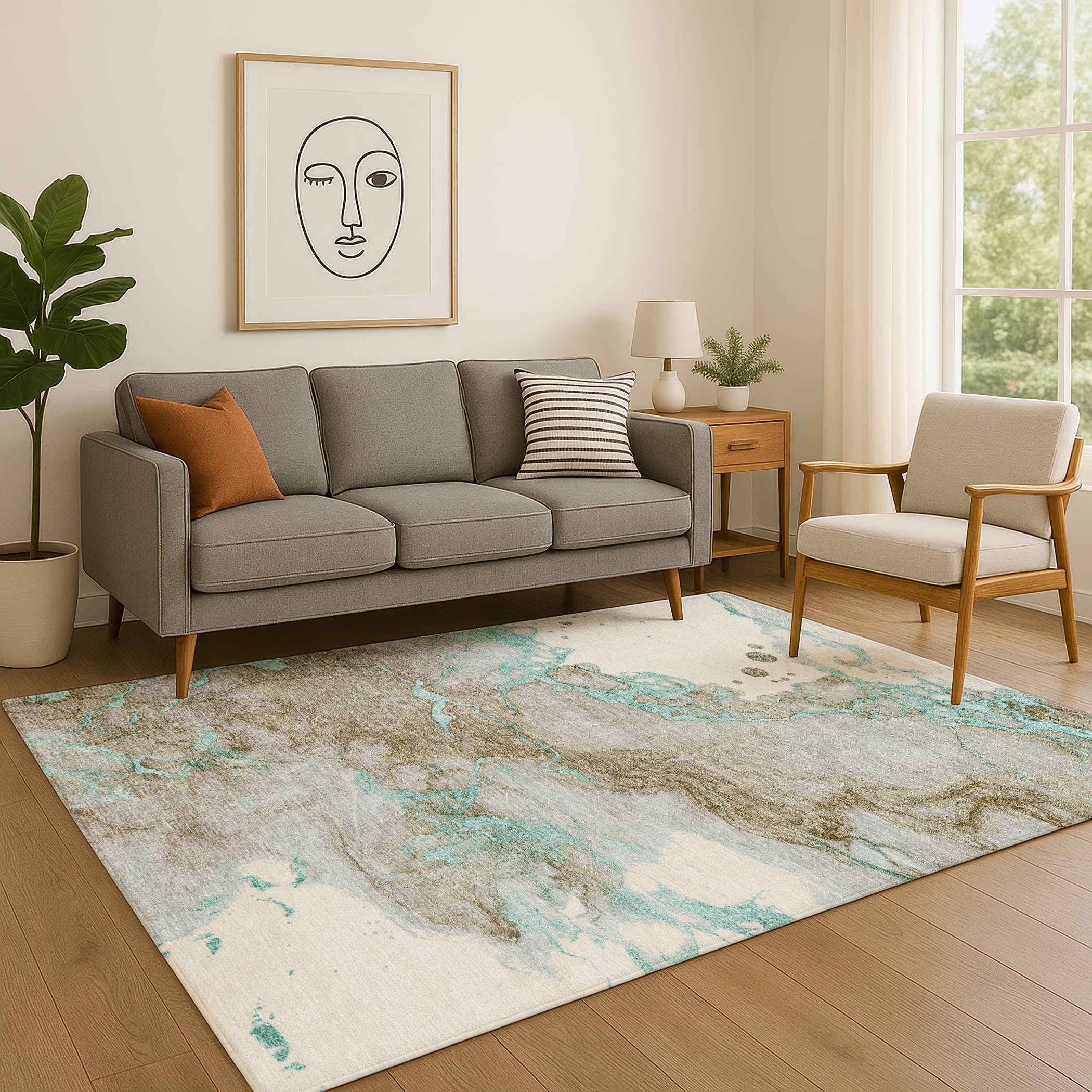 Porto Machine Washable Transitional Teal Rug 2'6" x 3'10" #shape_Rectangle