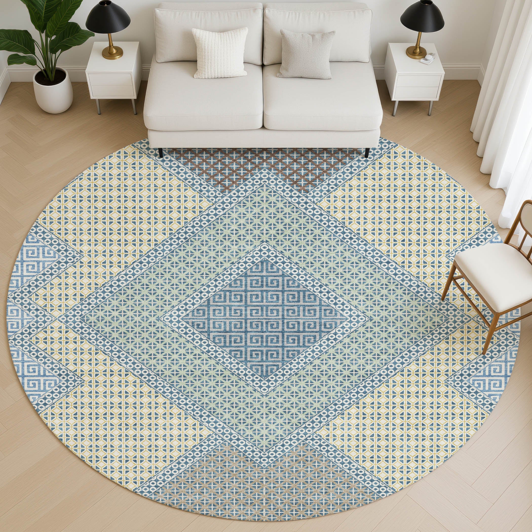 Sintra Machine Washable Transitional Denim Blue Rug 8' x 8' #shape_Round