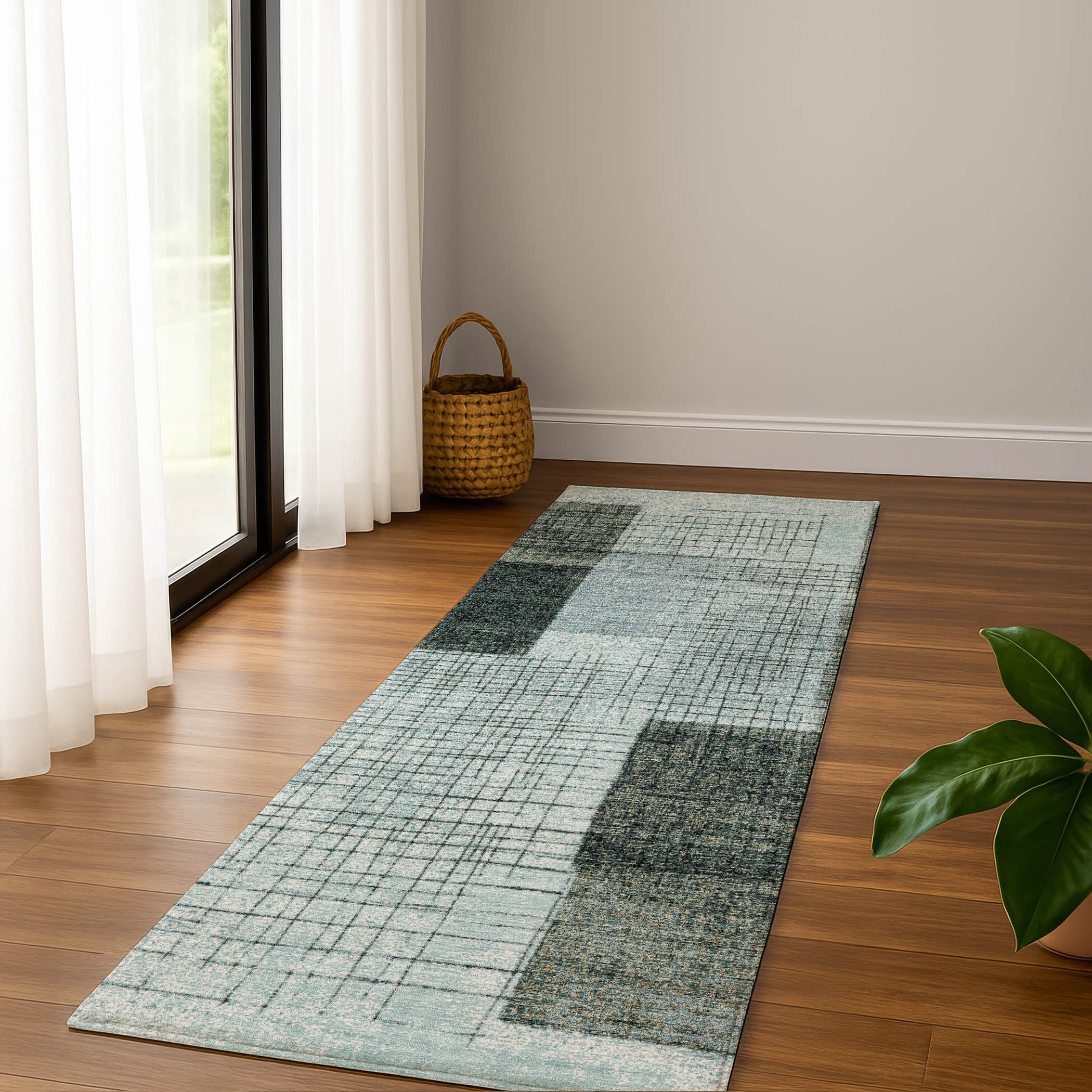 Bern Machine Washable Transitional Teal Rug 2'3" x 7'6" #shape_Runner