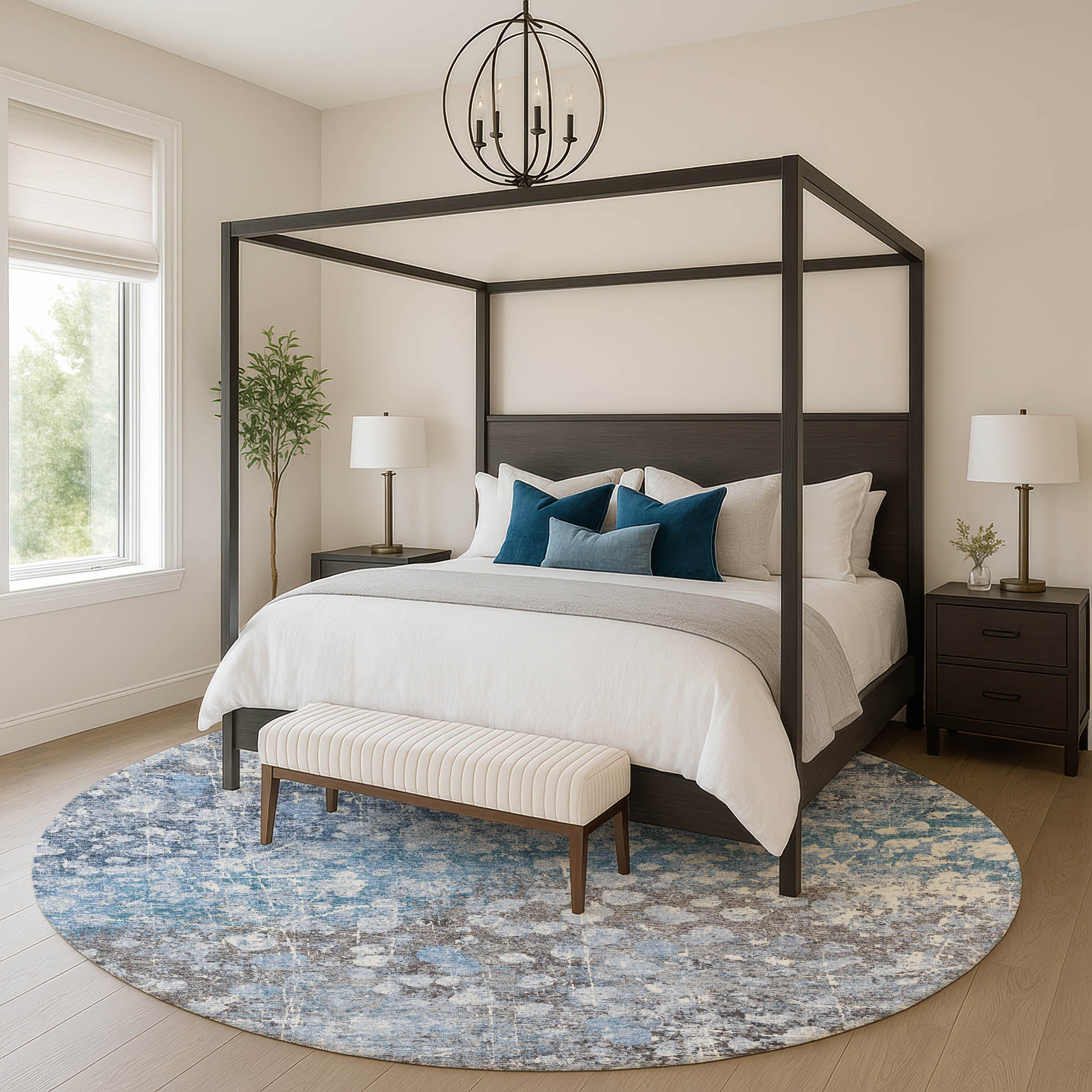 Bangkok Machine Washable Transitional Blue Rug 8' x 8' #shape_Round