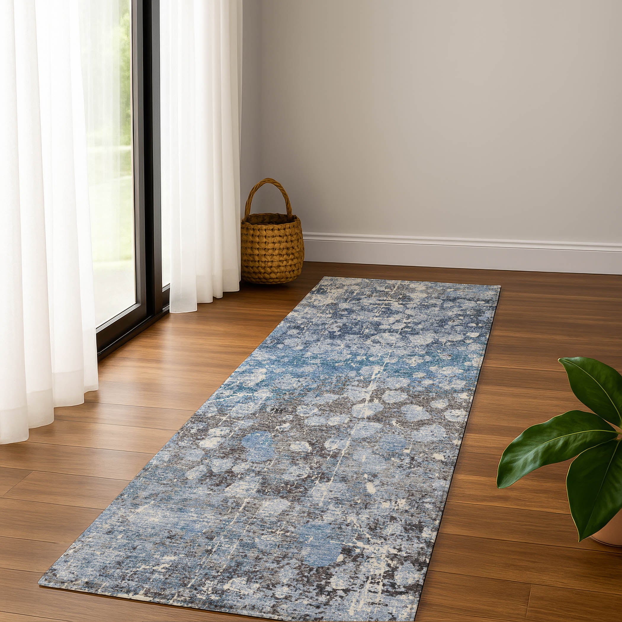 Bangkok Machine Washable Transitional Blue Rug 2'3" x 7'6" #shape_Runner