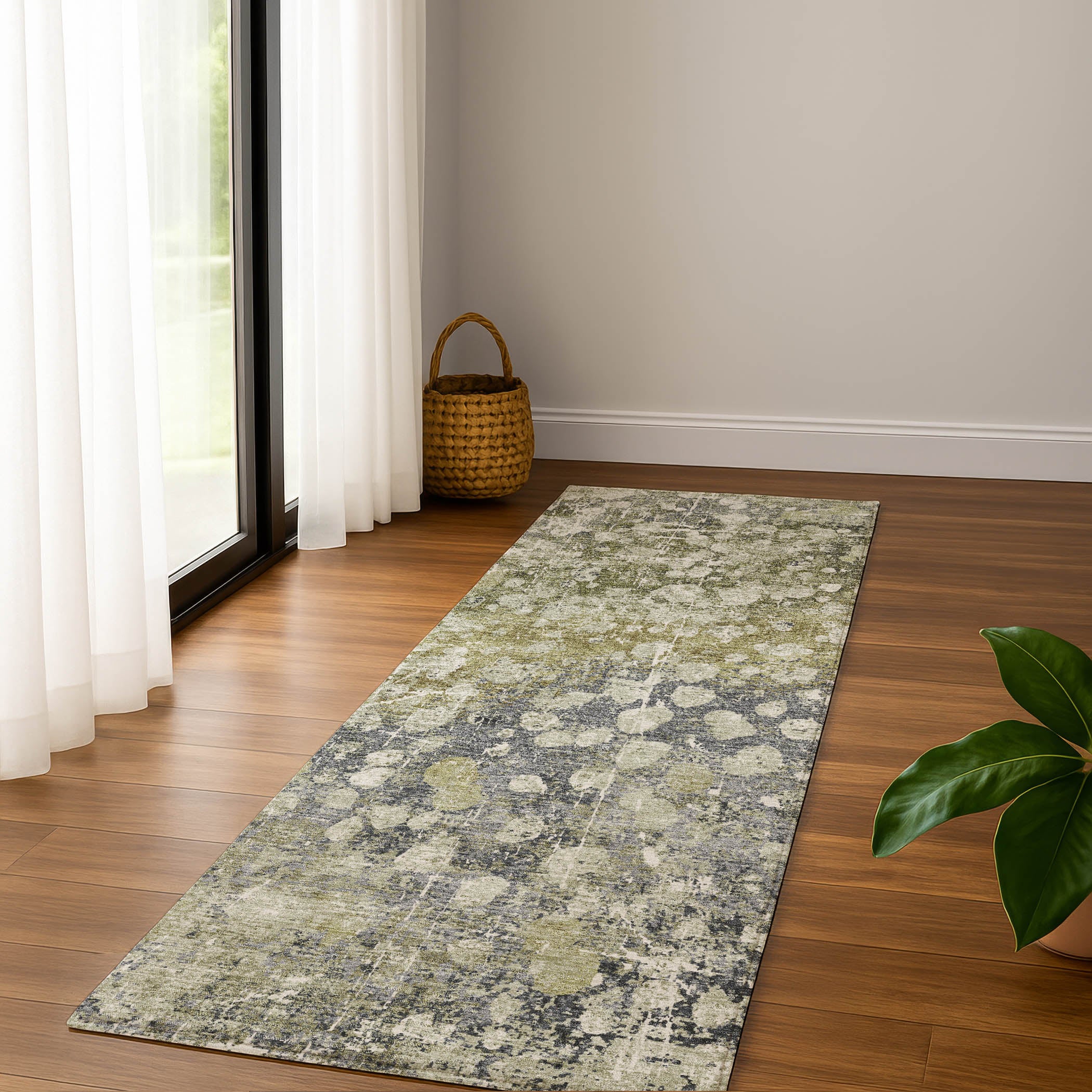 Bangkok Machine Washable Transitional Olive Green Rug 2'3" x 7'6" #shape_Runner