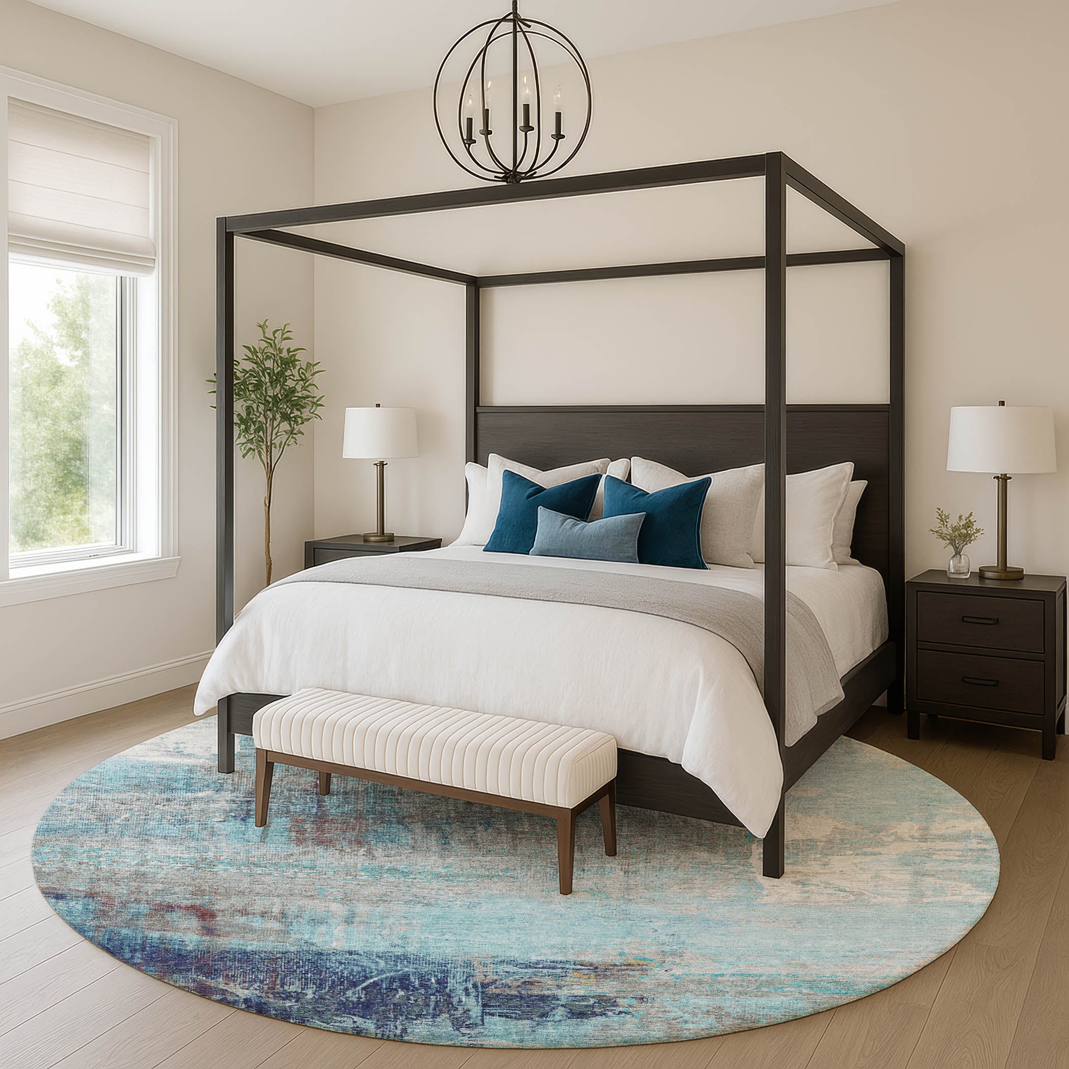 Luang Prabang Machine Washable Transitional Teal Rug 8' x 8' #shape_Round