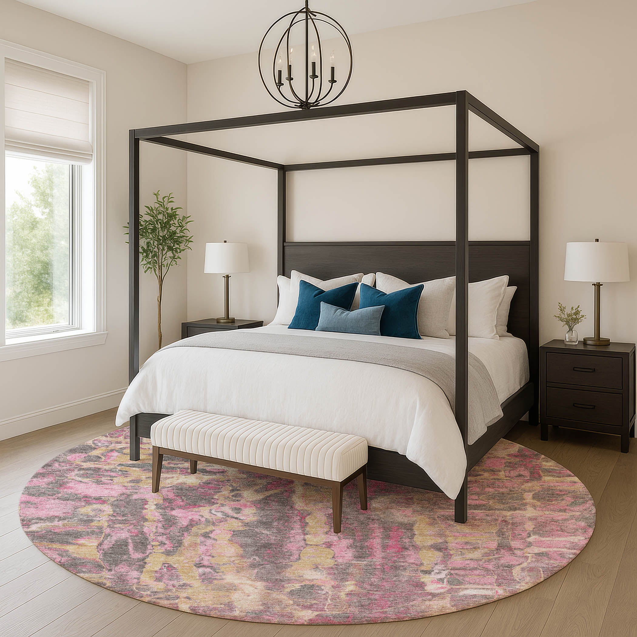 Luang Prabang Machine Washable Transitional Blush Pink Rug 8' x 8' #shape_Round