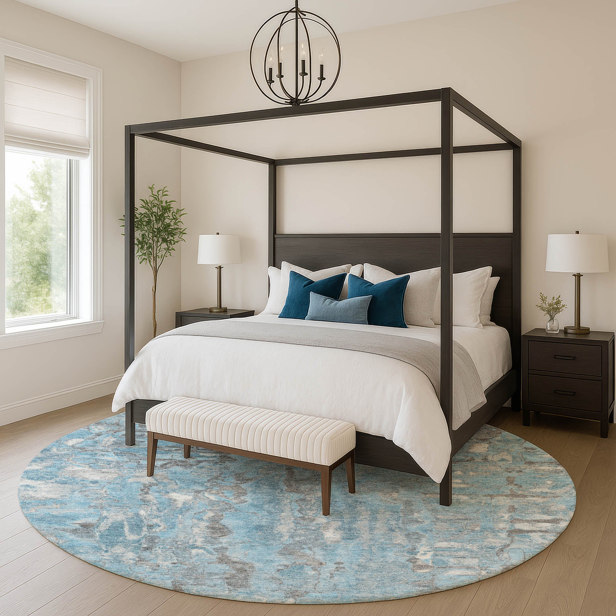Luang Prabang Machine Washable Transitional Denim Blue Rug 8' x 8' #shape_Round