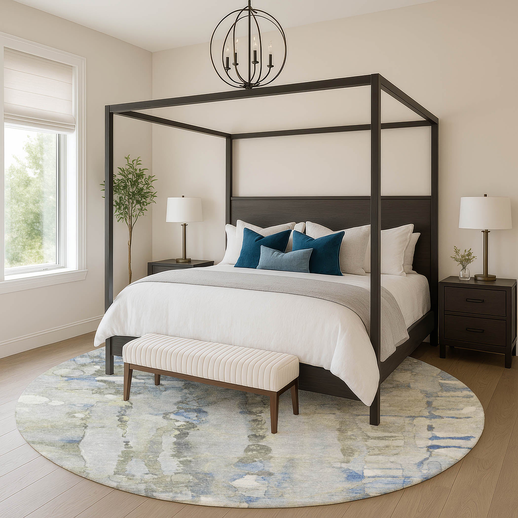 Luang Prabang Machine Washable Transitional Sky Blue Rug 8' x 8' #shape_Round