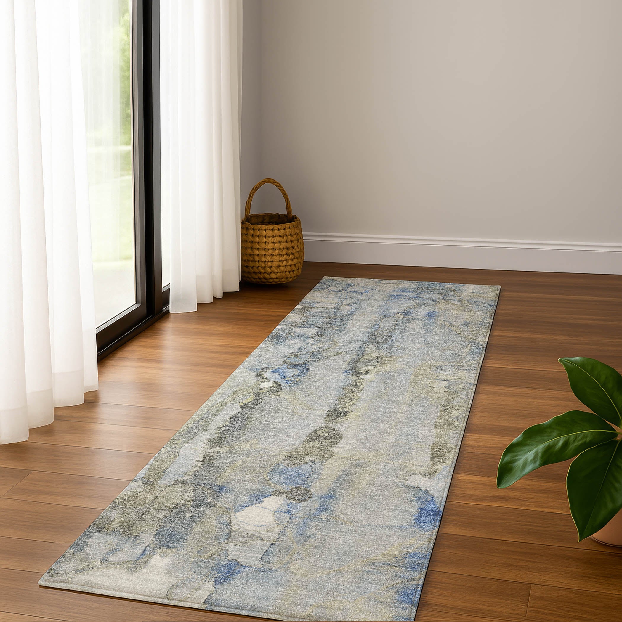Luang Prabang Machine Washable Transitional Sky Blue Rug 2'3" x 7'6" #shape_Runner