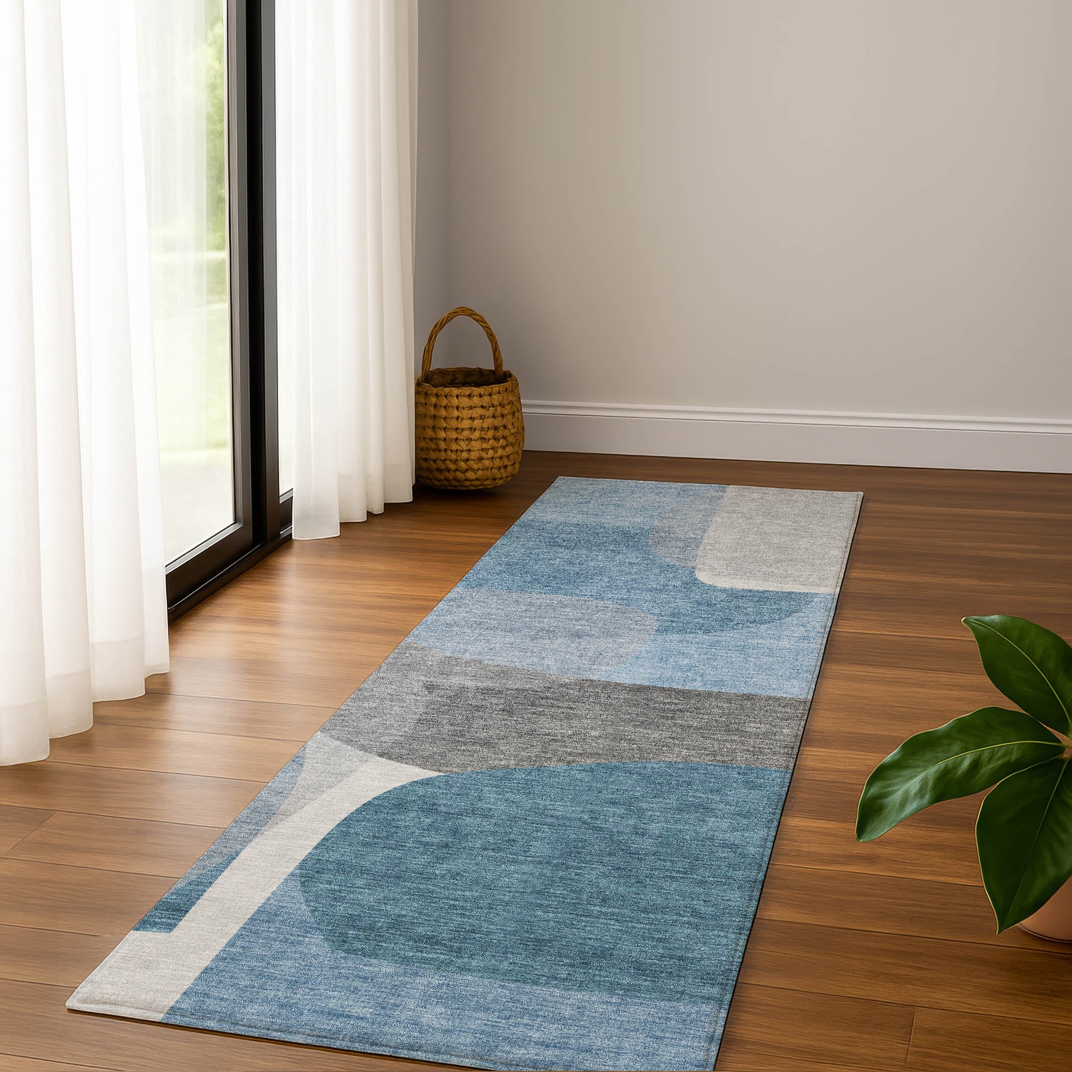 Lima Machine Washable Transitional Denim Blue Rug 2'3" x 7'6" #shape_Runner