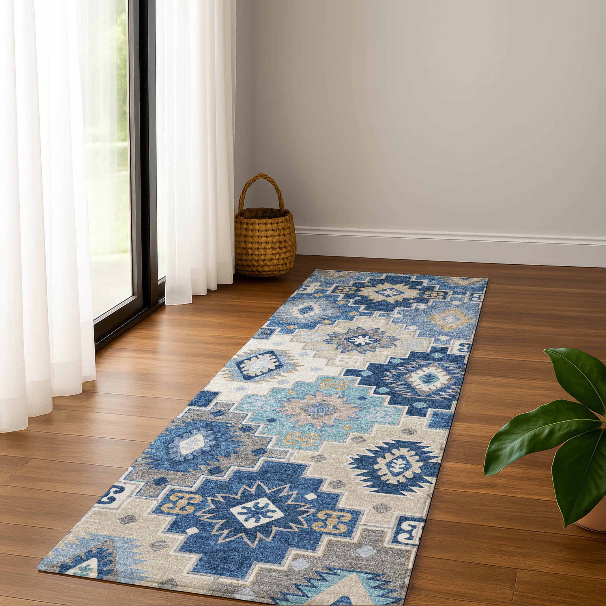 Athens Machine Washable Transitional Blue Rug 2'3" x 7'6" #shape_Runner