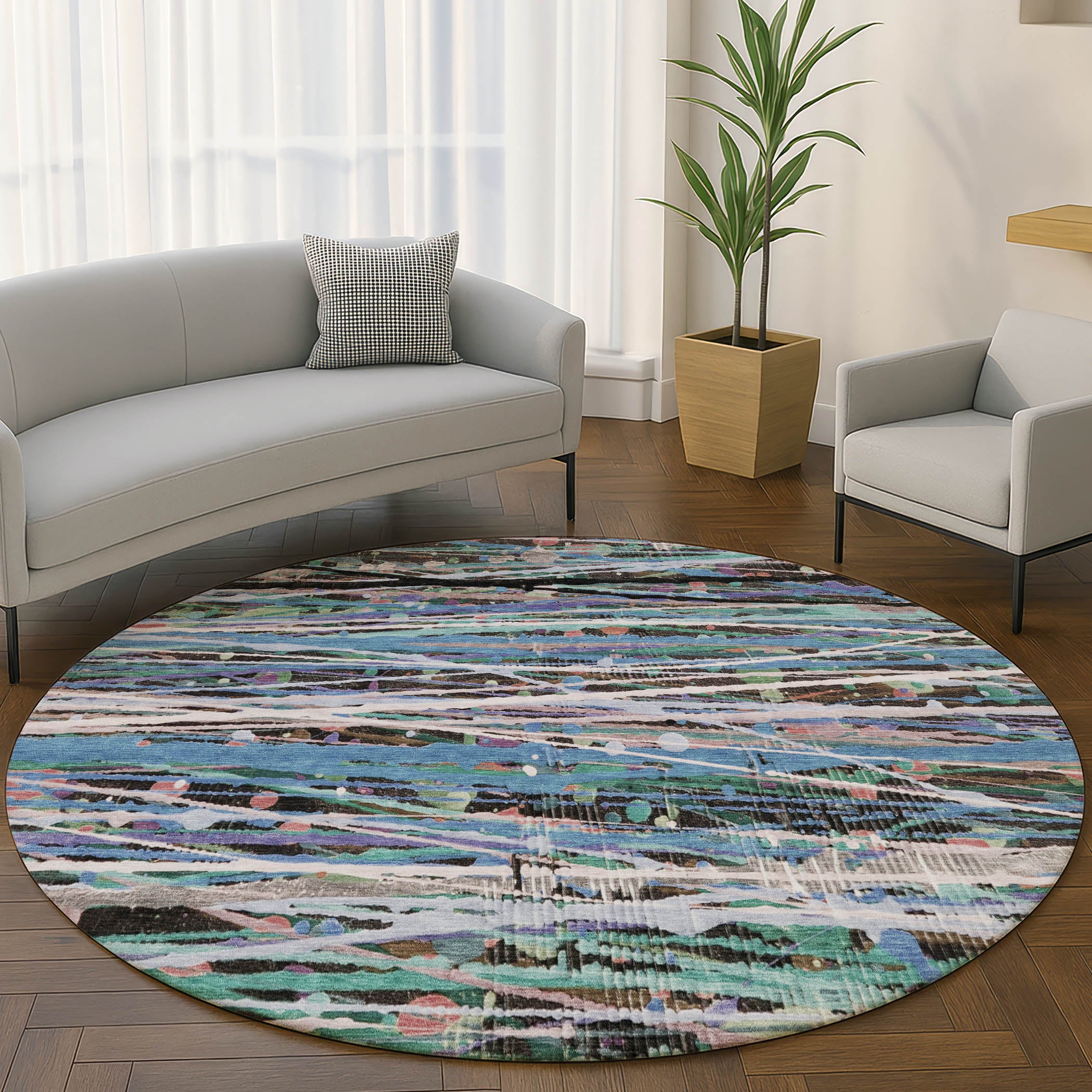 Luang Prabang Machine Washable Transitional Blue Rug 8' x 8' #shape_Round
