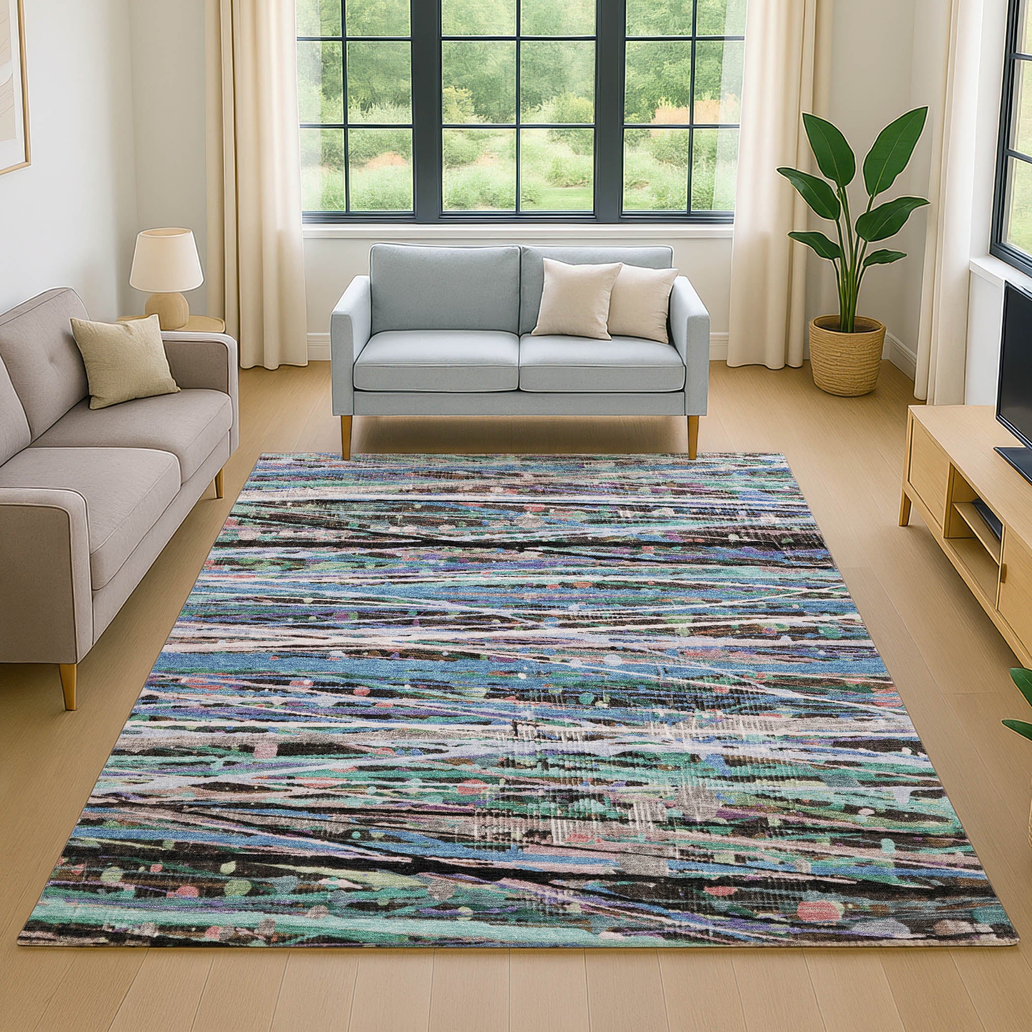Luang Prabang Machine Washable Transitional Blue Rug 2'6" x 3'10" #shape_Rectangle