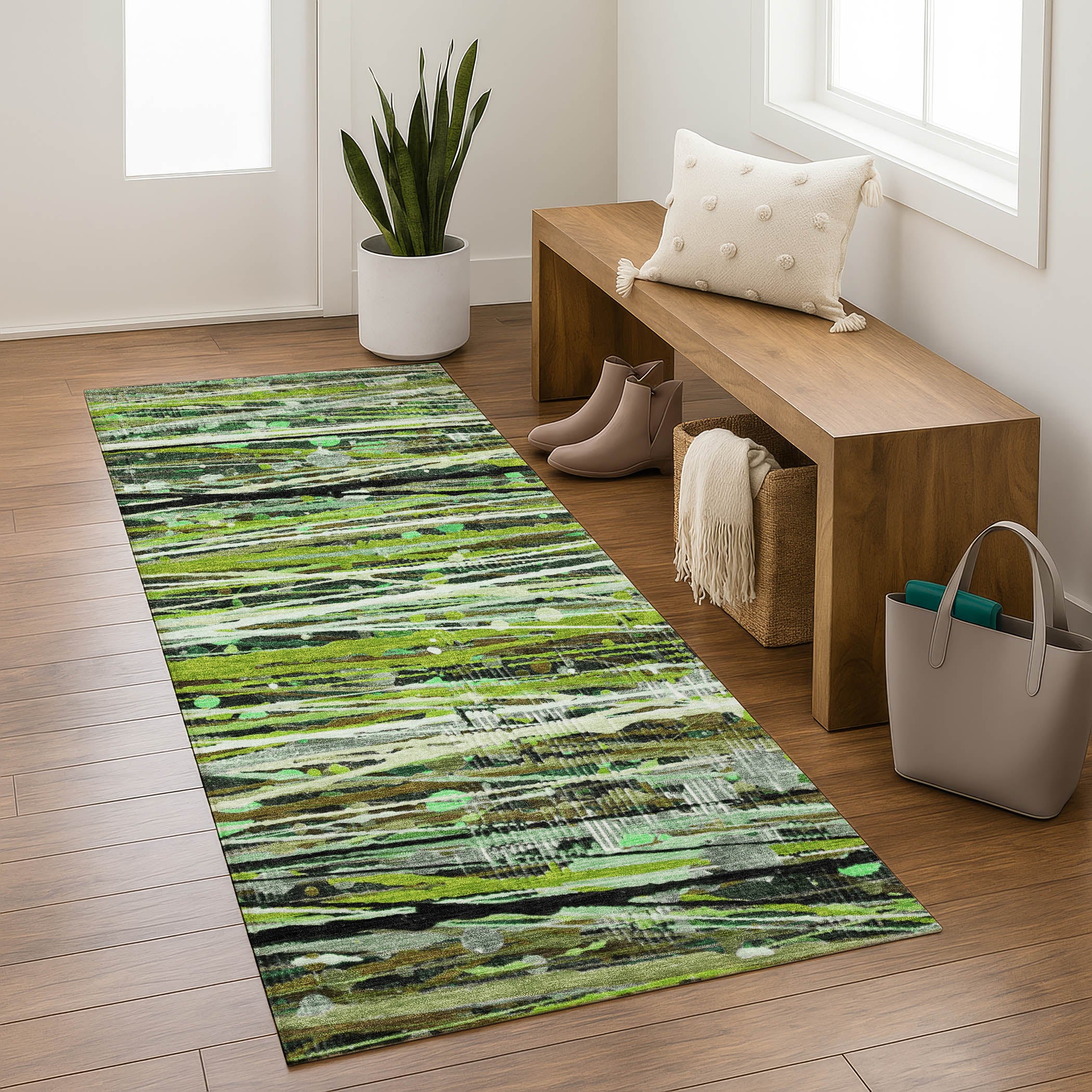 Cusco Machine Washable Transitional Green Rug 2'3" x 7'6" #shape_Runner