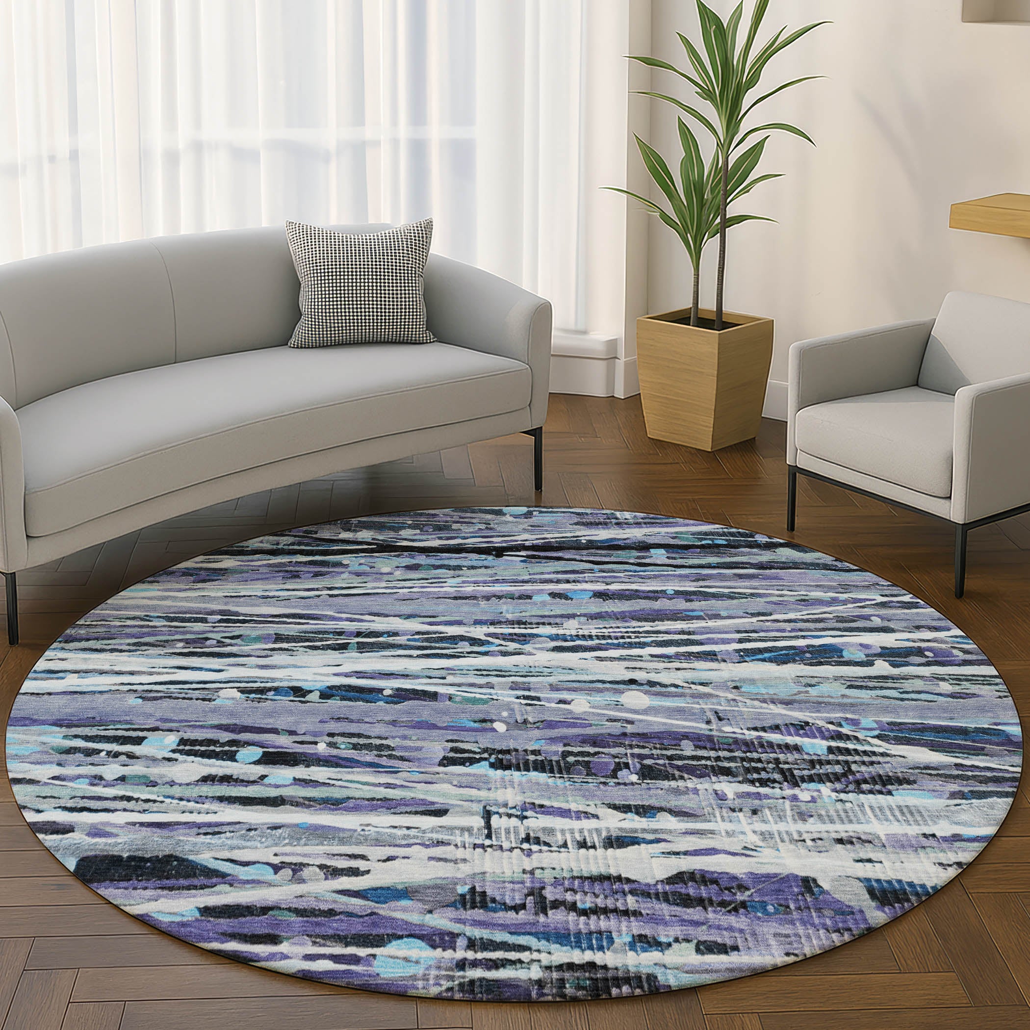 Cusco Machine Washable Transitional Purple Rug 8' x 8' #shape_Round