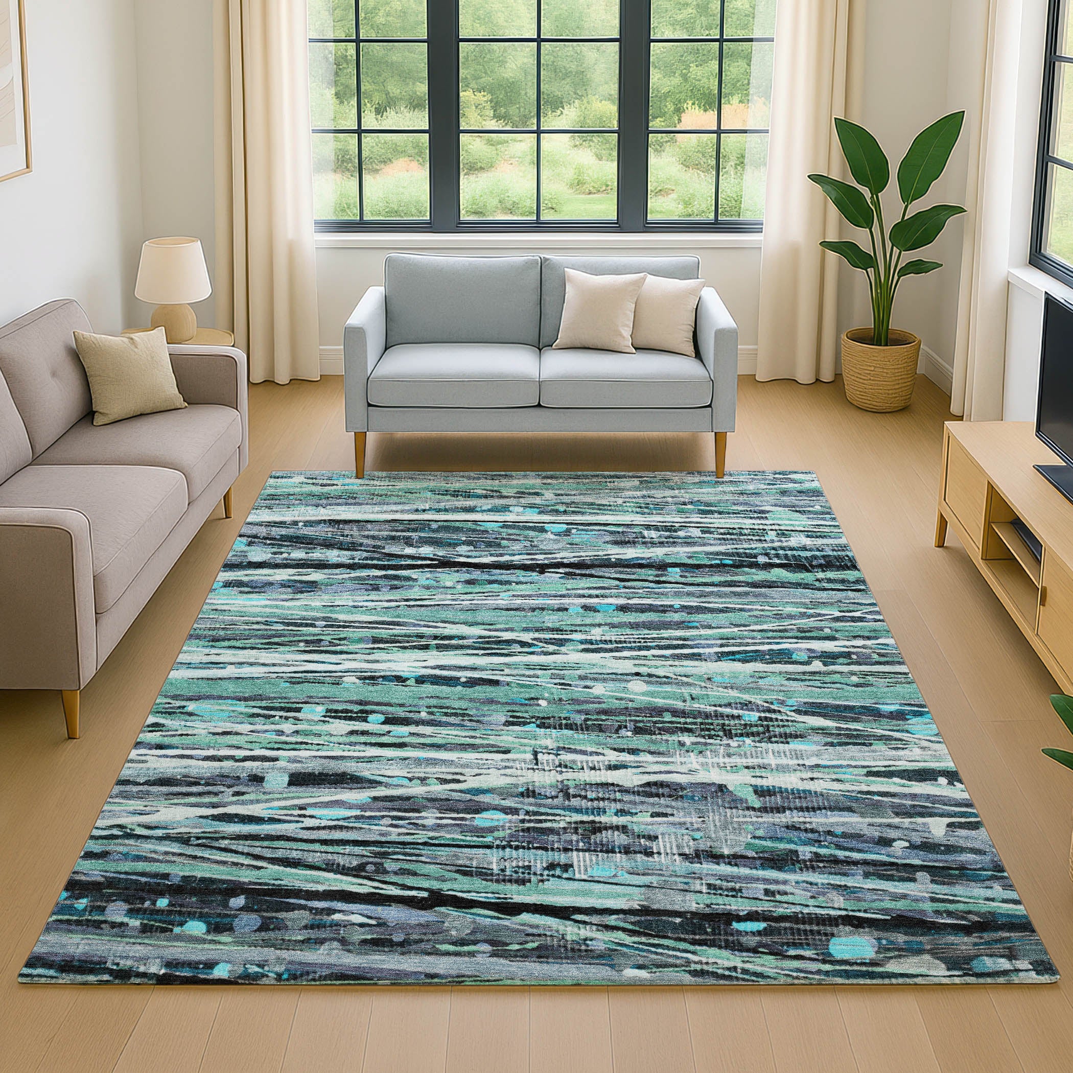 Cusco Machine Washable Transitional Teal Rug 2'6" x 3'10" #shape_Rectangle
