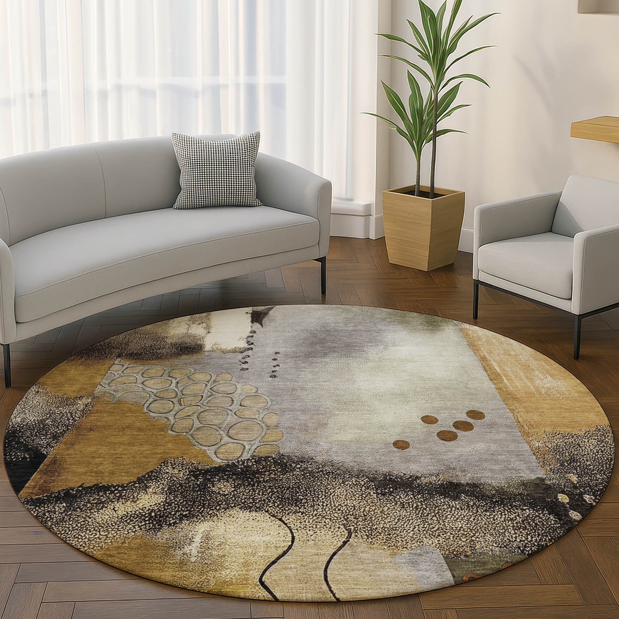 Cusco Machine Washable Transitional Chocolate Brown Rug 8' x 8' #shape_Round