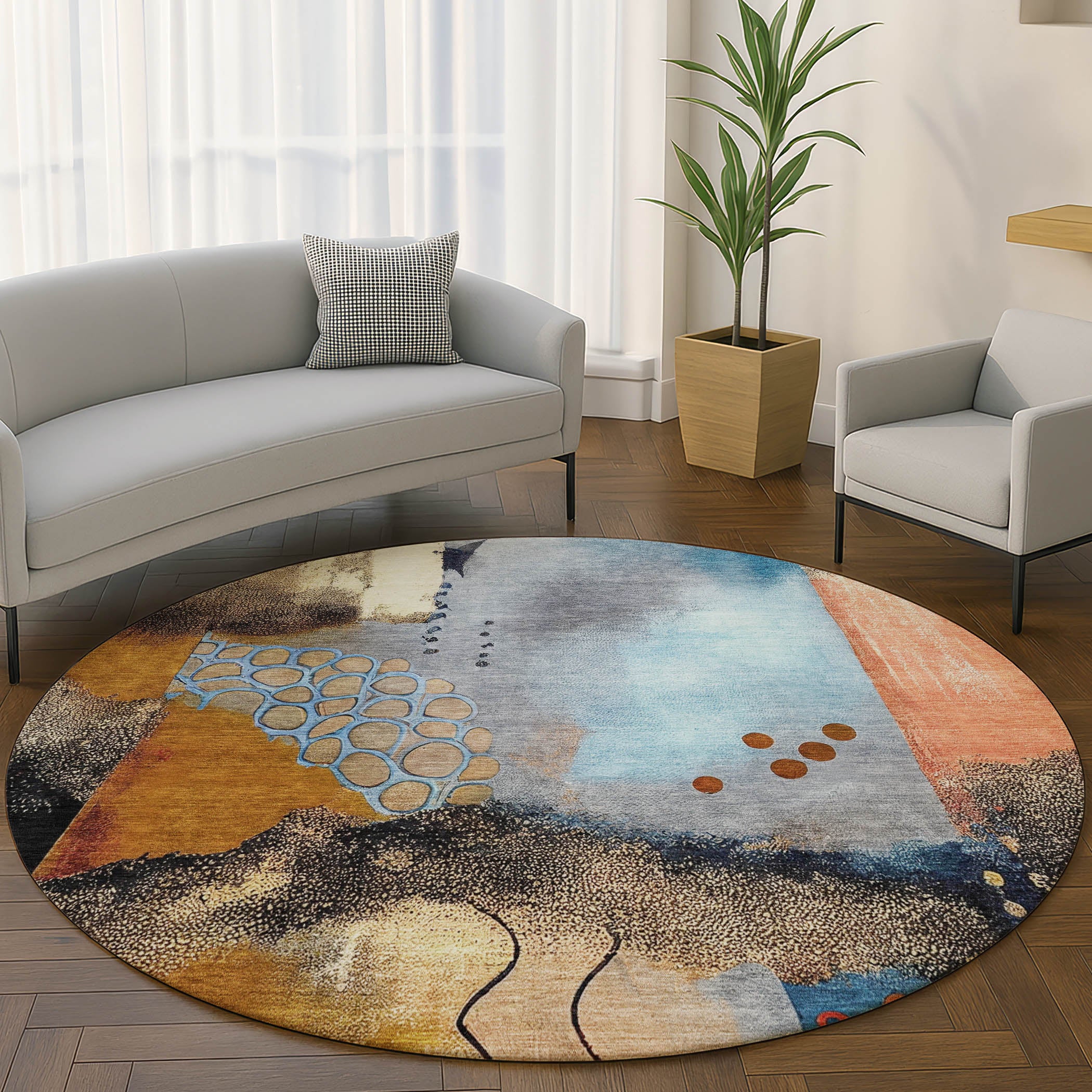 Cusco Machine Washable Transitional Copper Orange Rug 8' x 8' #shape_Round