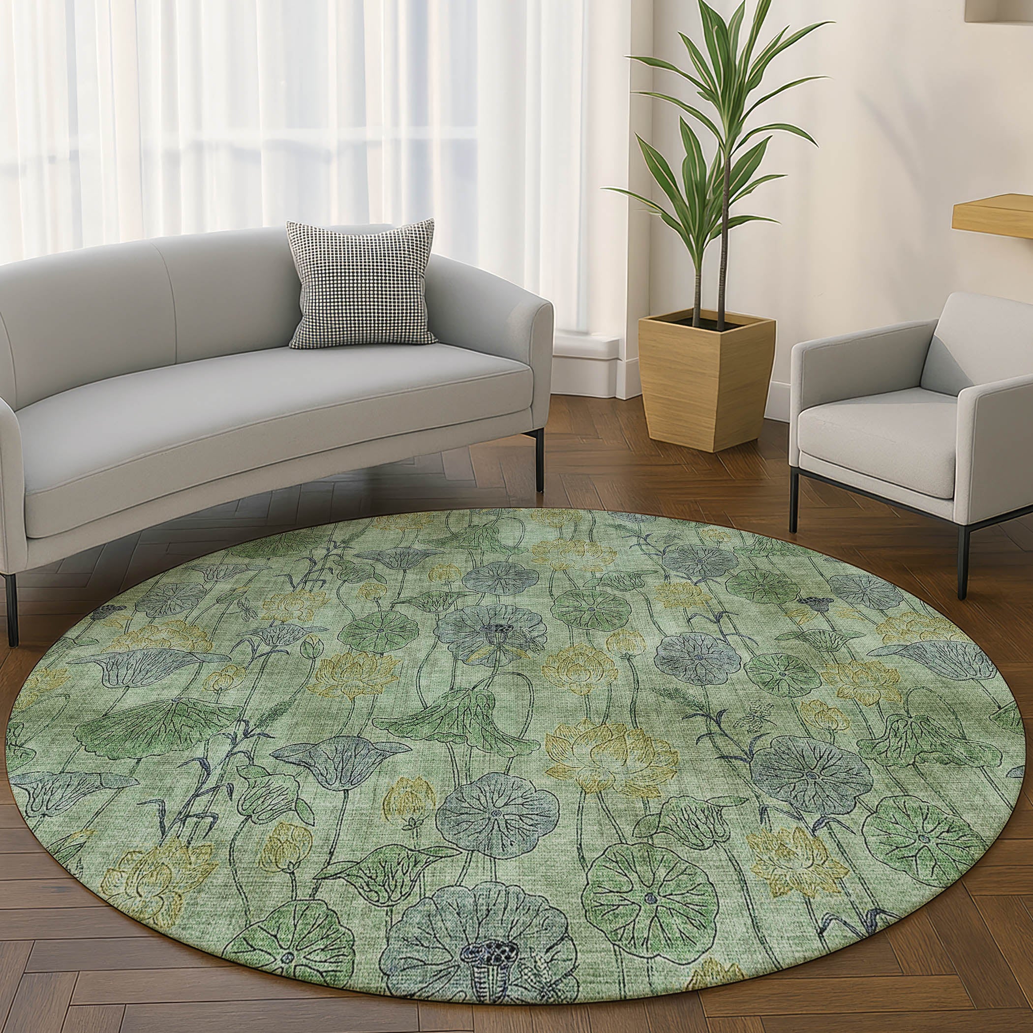 Sintra Machine Washable Transitional Aloe Green Rug 8' x 8' #shape_Round