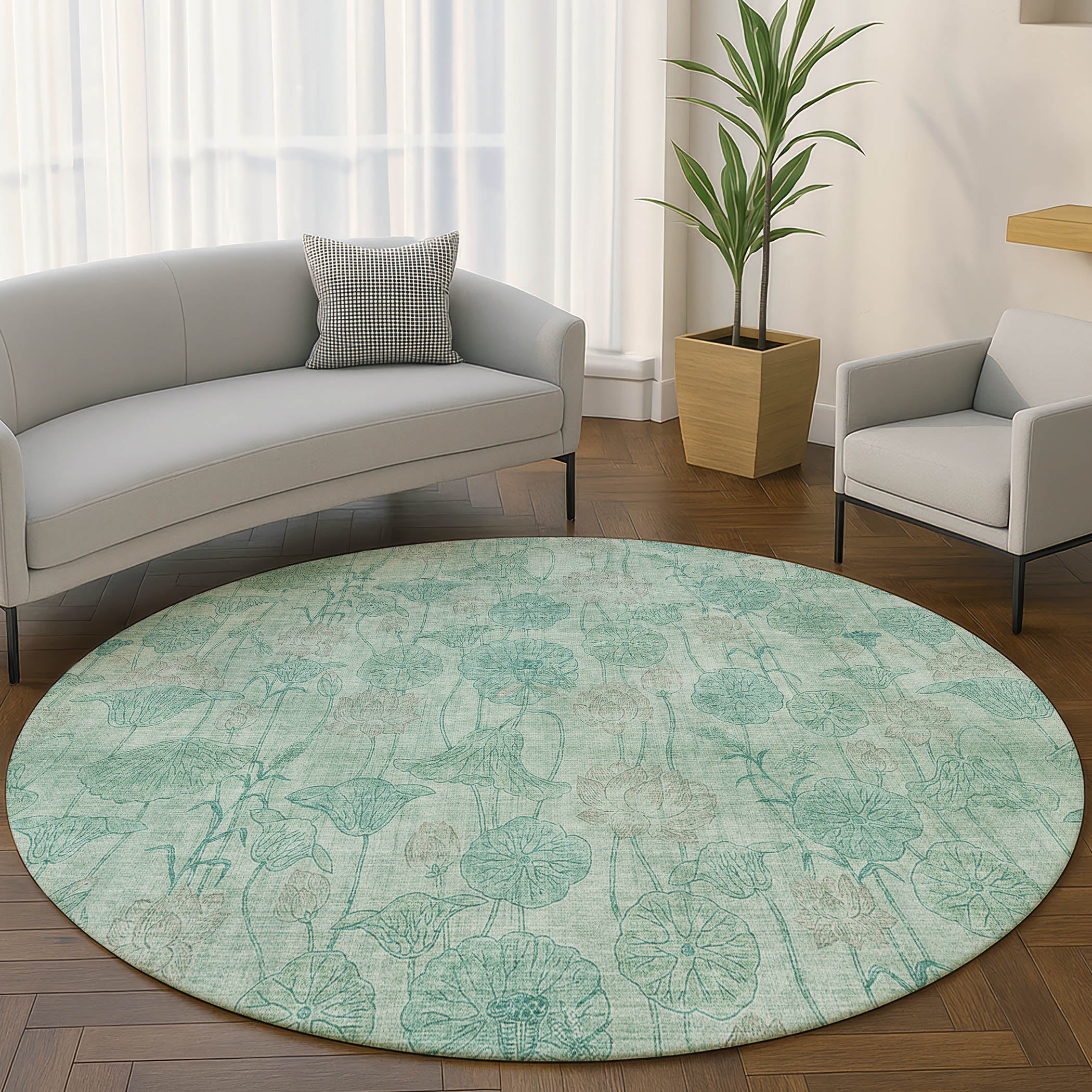 Sintra Machine Washable Transitional Aqua Teal Rug 8' x 8' #shape_Round