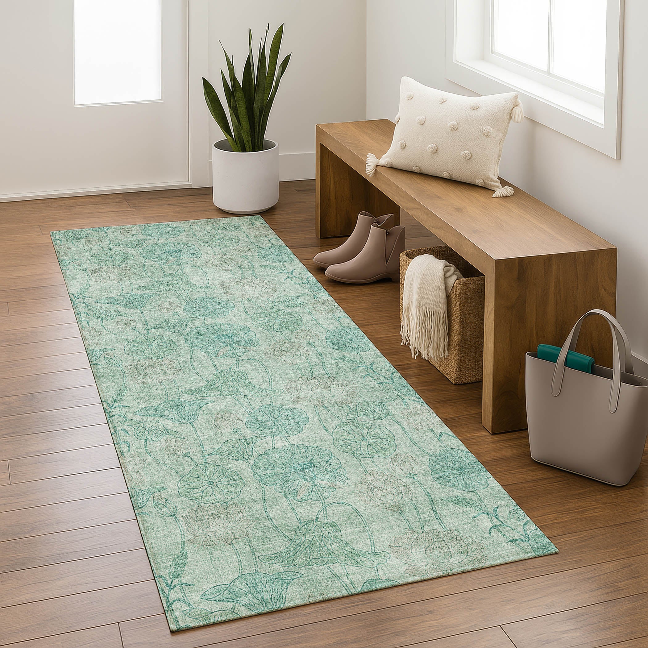 Sintra Machine Washable Transitional Aqua Teal Rug 2'3" x 7'6" #shape_Runner