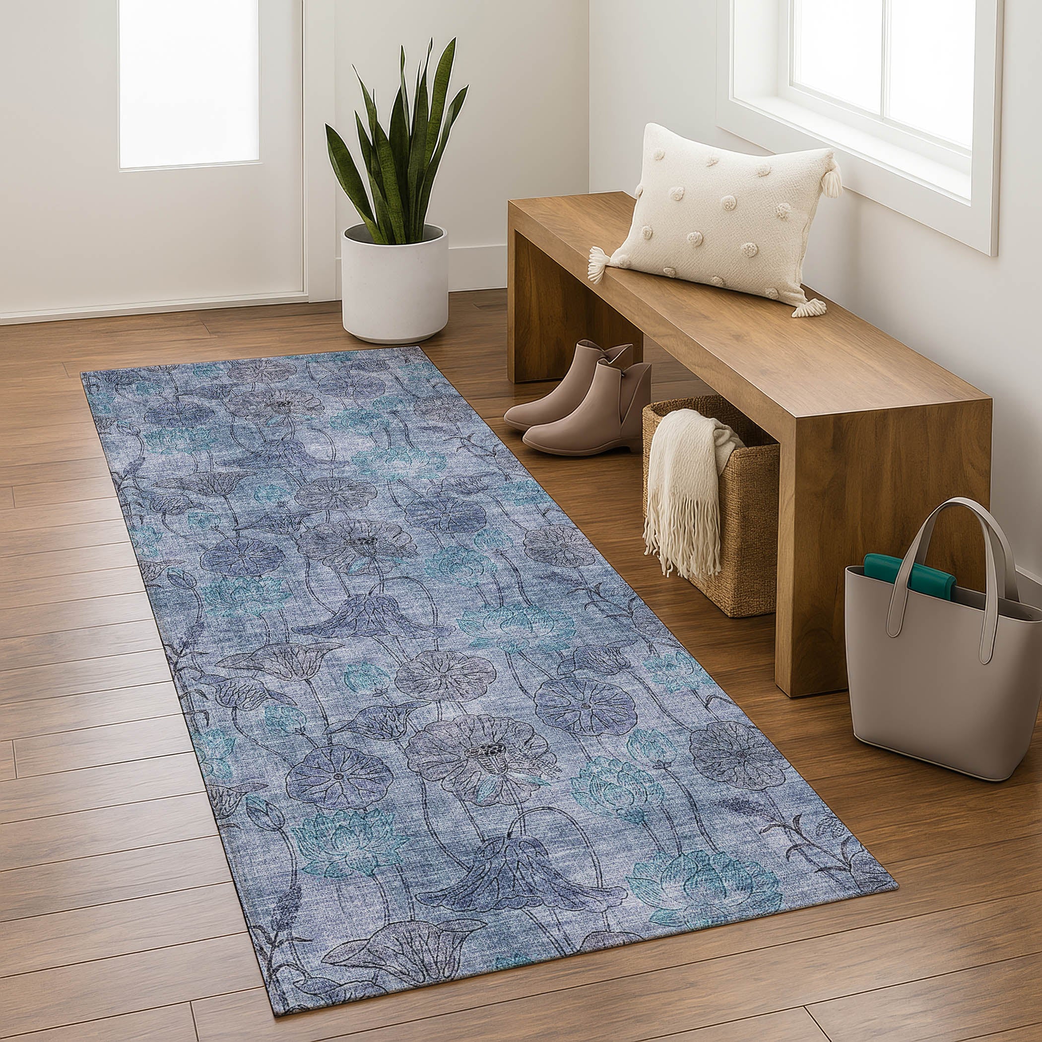 Sintra Machine Washable Transitional Blue Rug 2'3" x 7'6" #shape_Runner