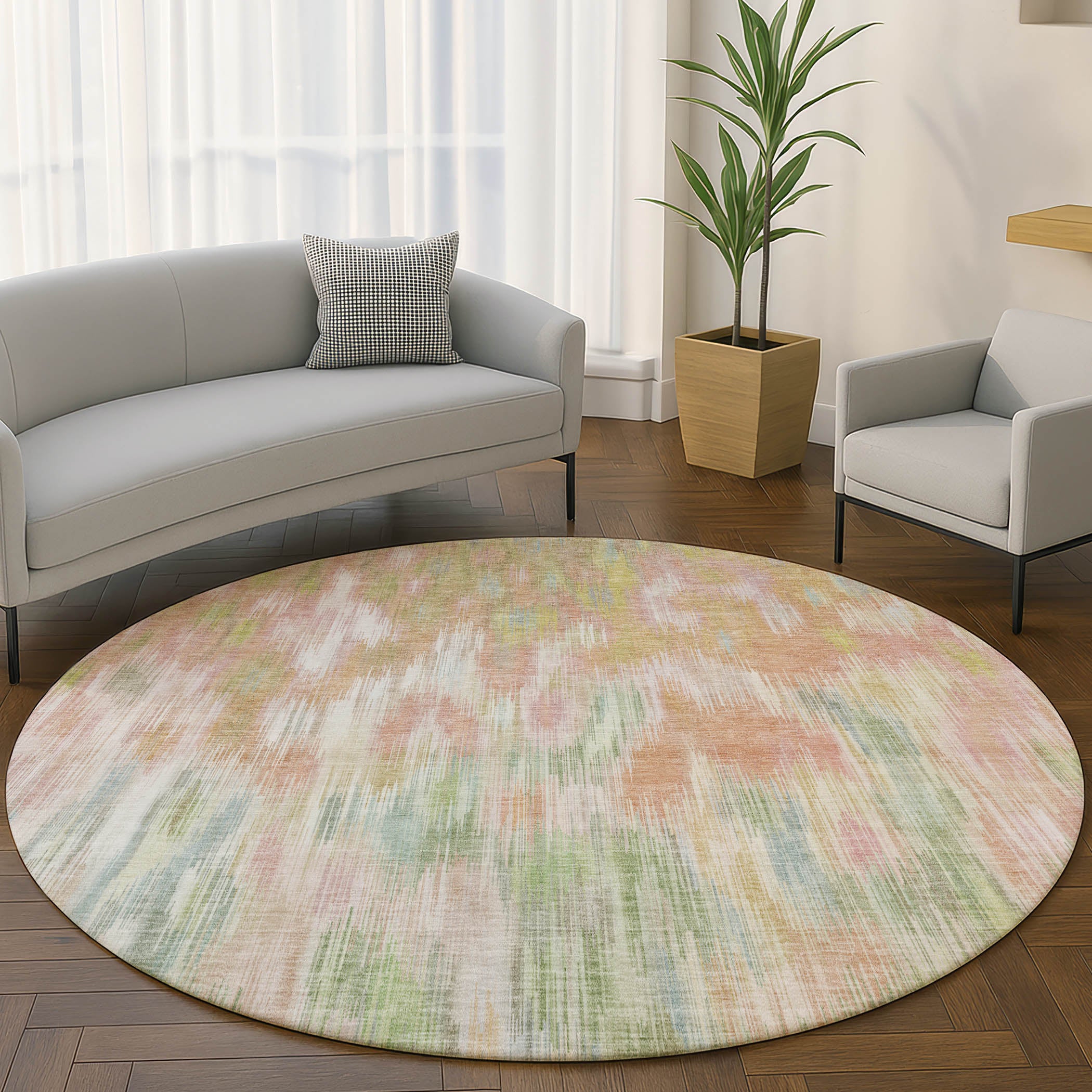 Mostar Machine Washable Transitional Coral Orange Rug 8' x 8' #shape_Round