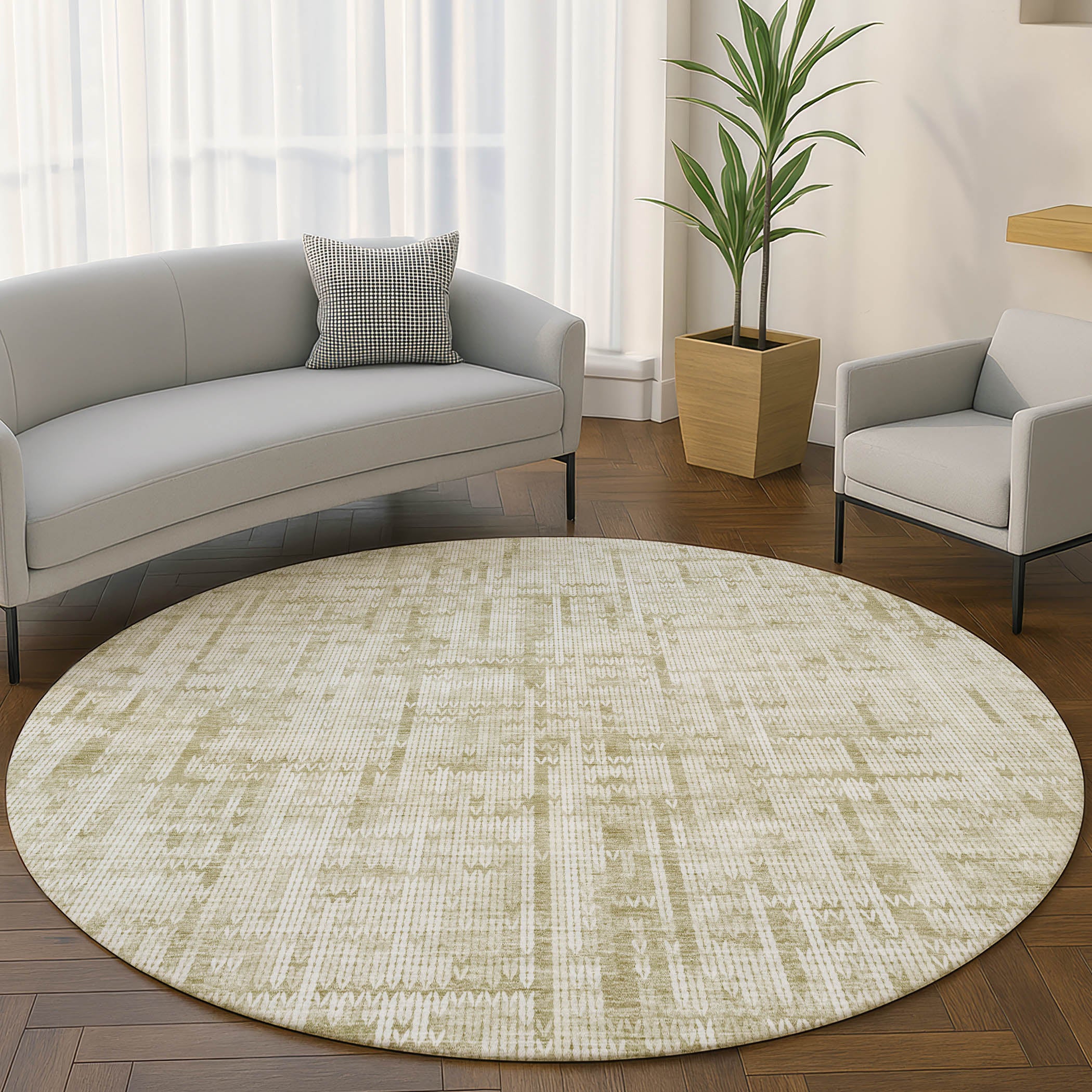 Kotor Machine Washable Transitional Beige Brown Rug 8' x 8' #shape_Round