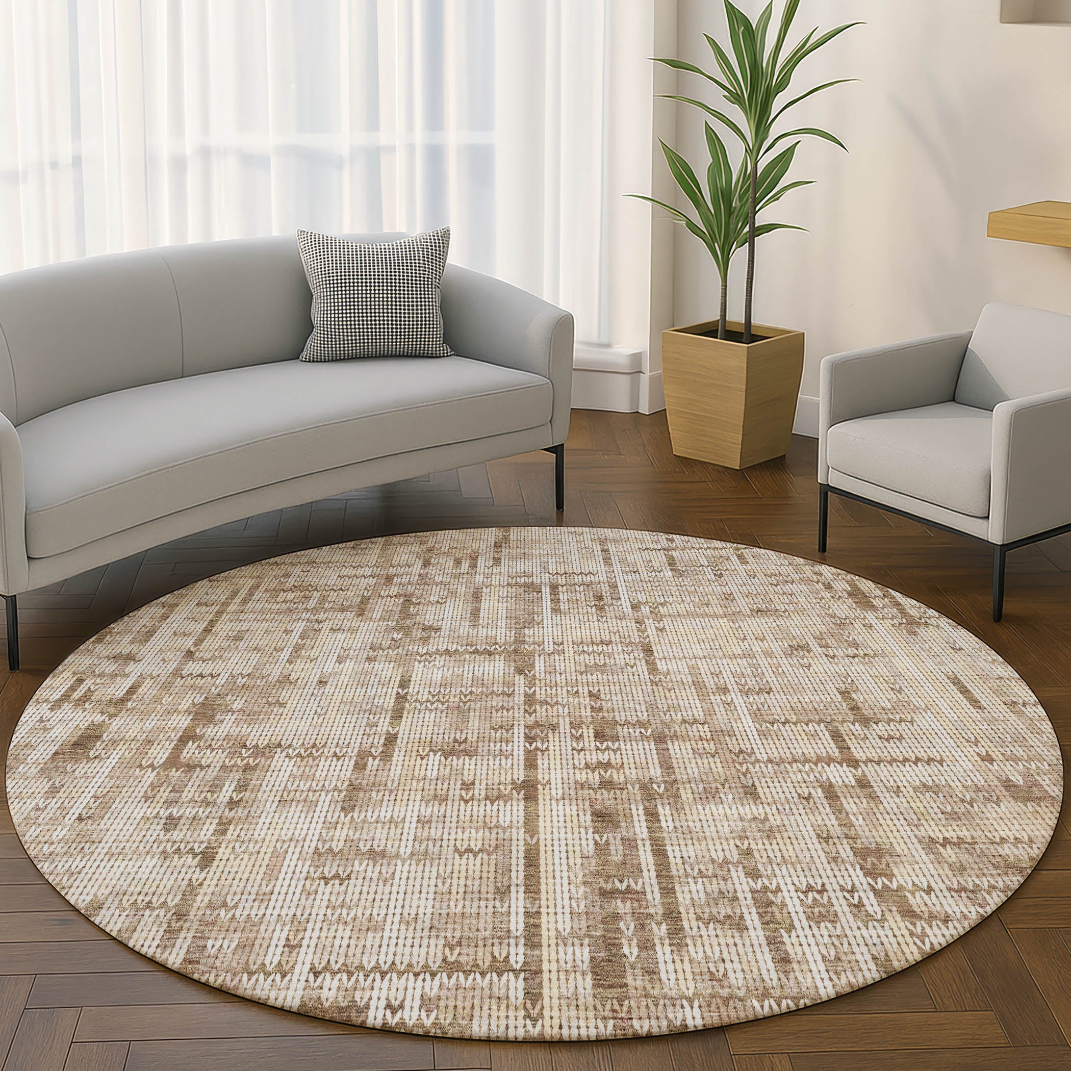 Kotor Machine Washable Transitional Brown Rug 8' x 8' #shape_Round