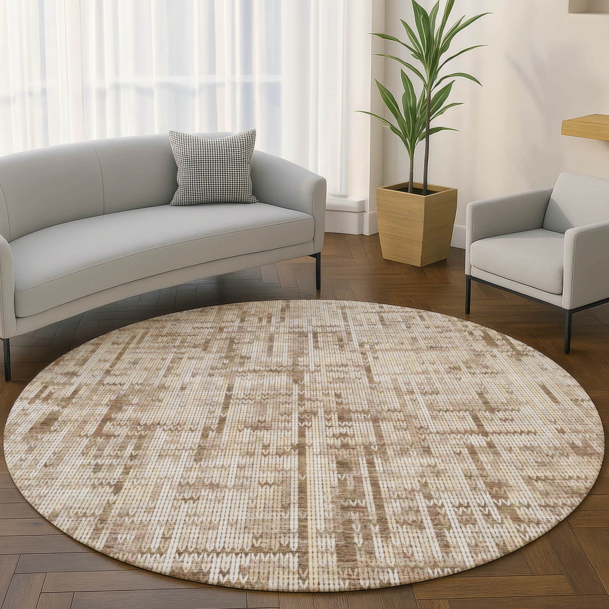 Kotor Machine Washable Transitional Brown Rug 8' x 8' #shape_Round