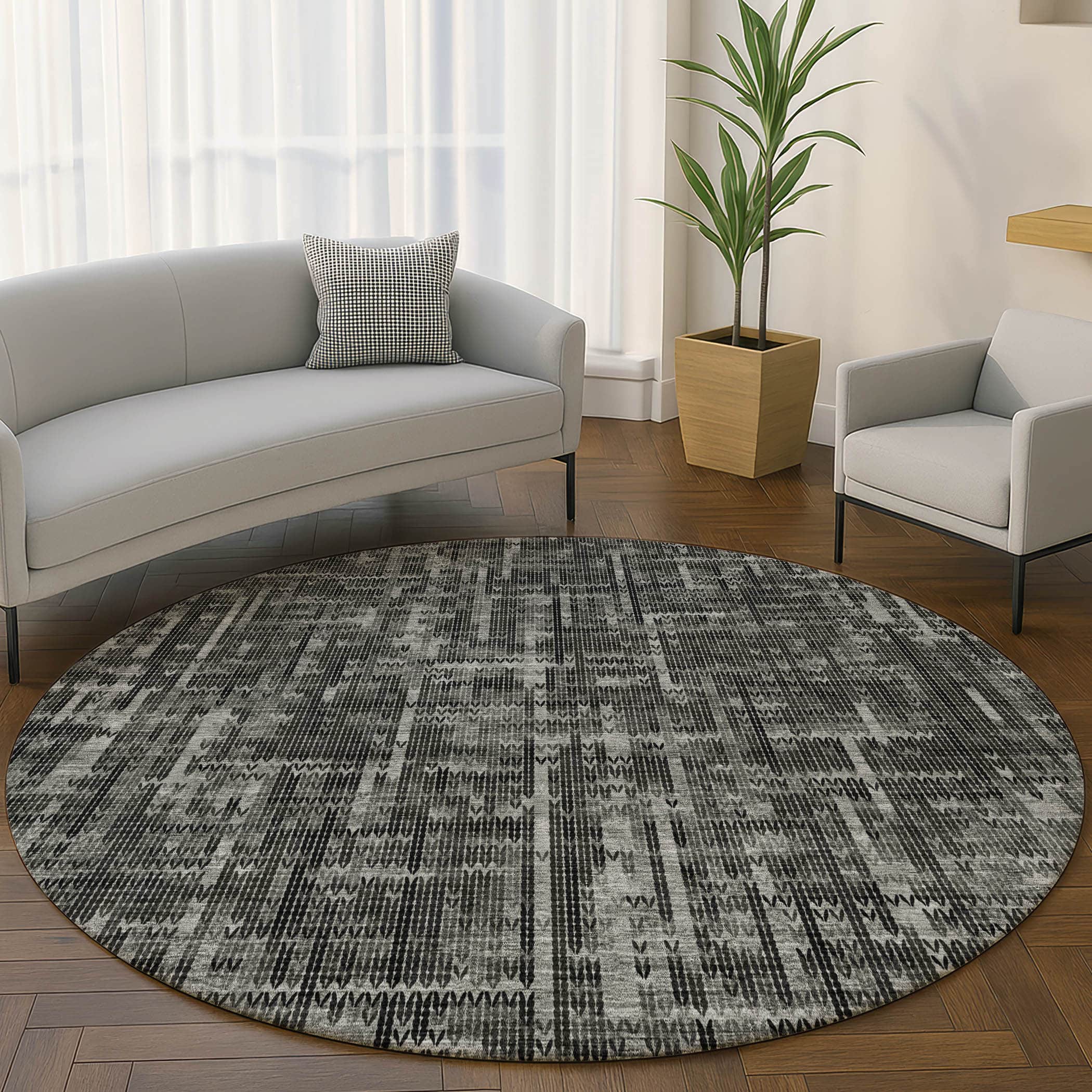Kotor Machine Washable Transitional Charcoal Gray Rug 8' x 8' #shape_Round