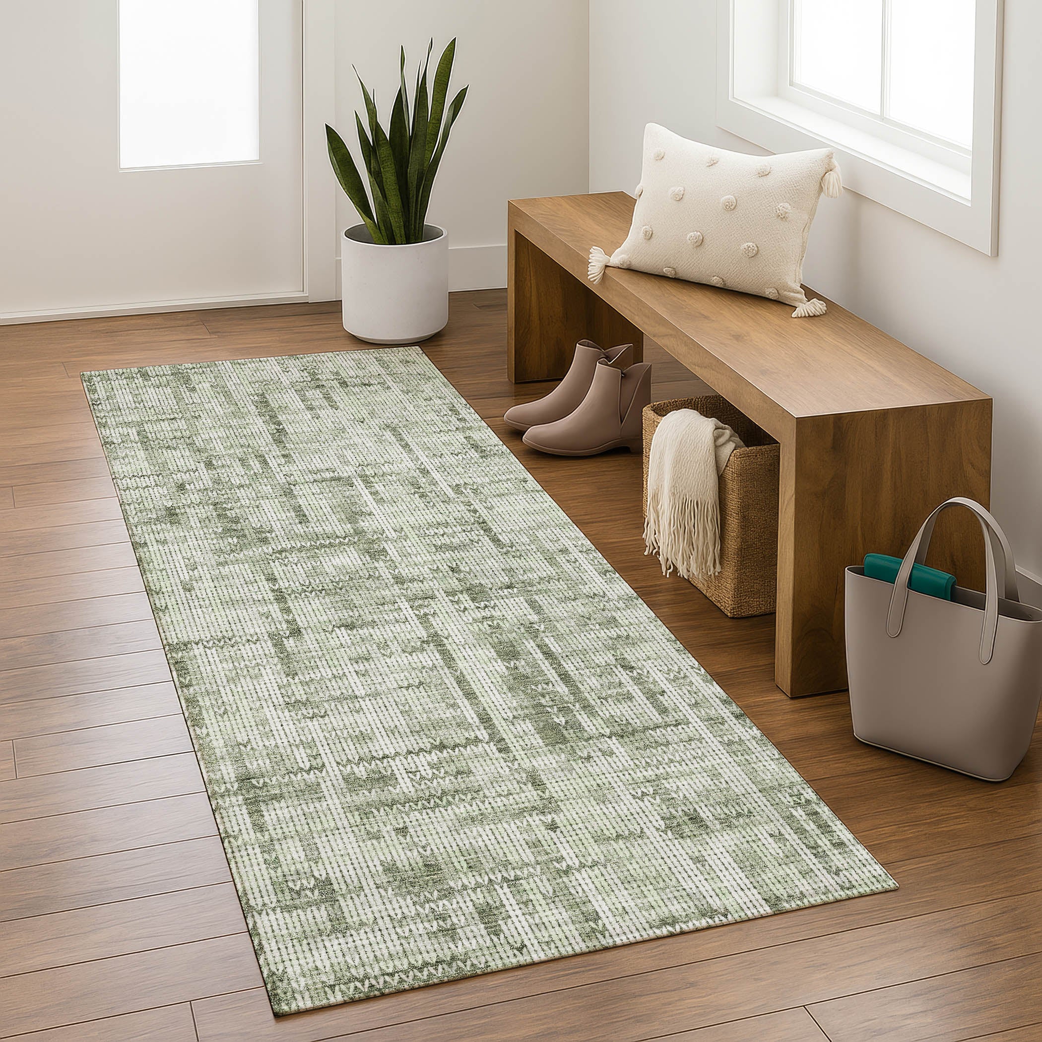 Kotor Machine Washable Transitional Green Rug 2'3" x 7'6" #shape_Runner