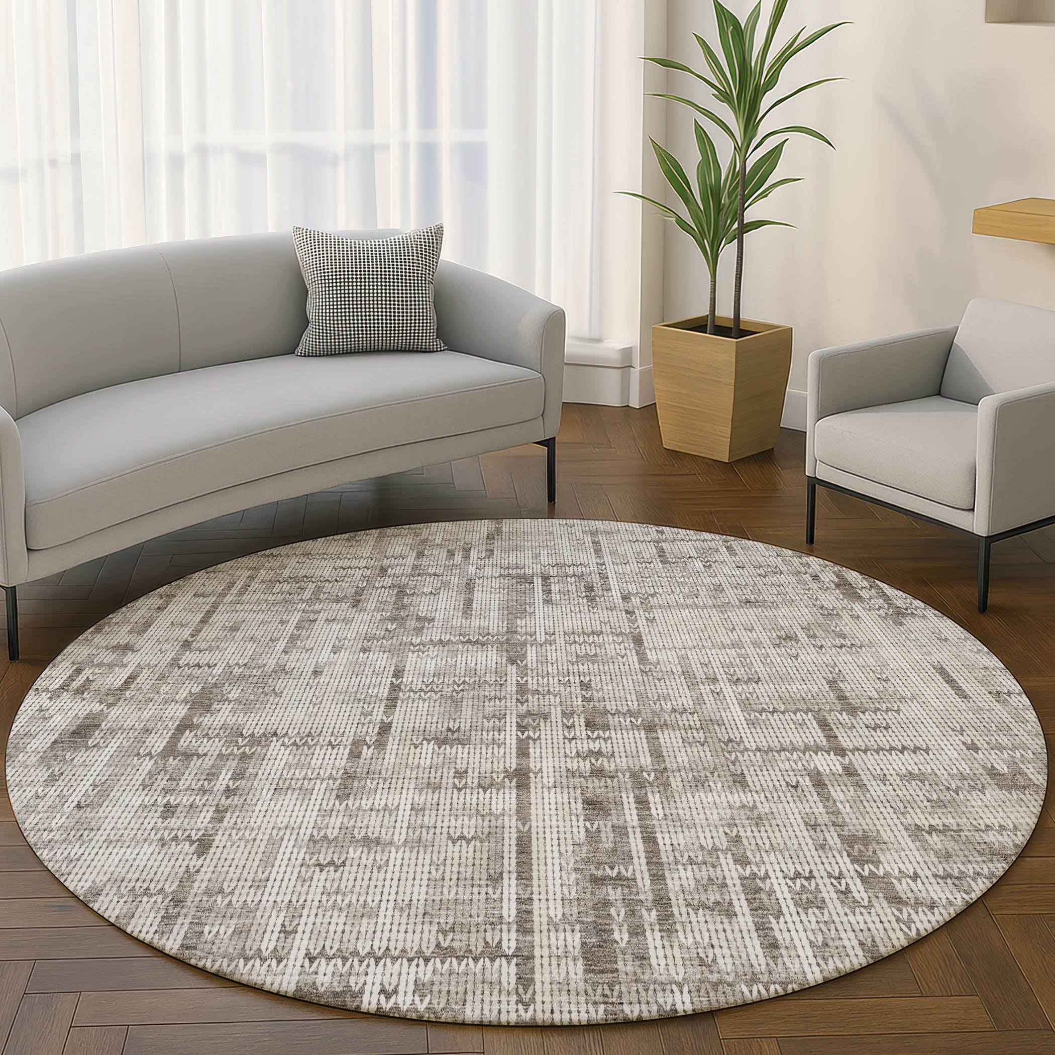 Kotor Machine Washable Transitional Taupe Brown Rug 8' x 8' #shape_Round