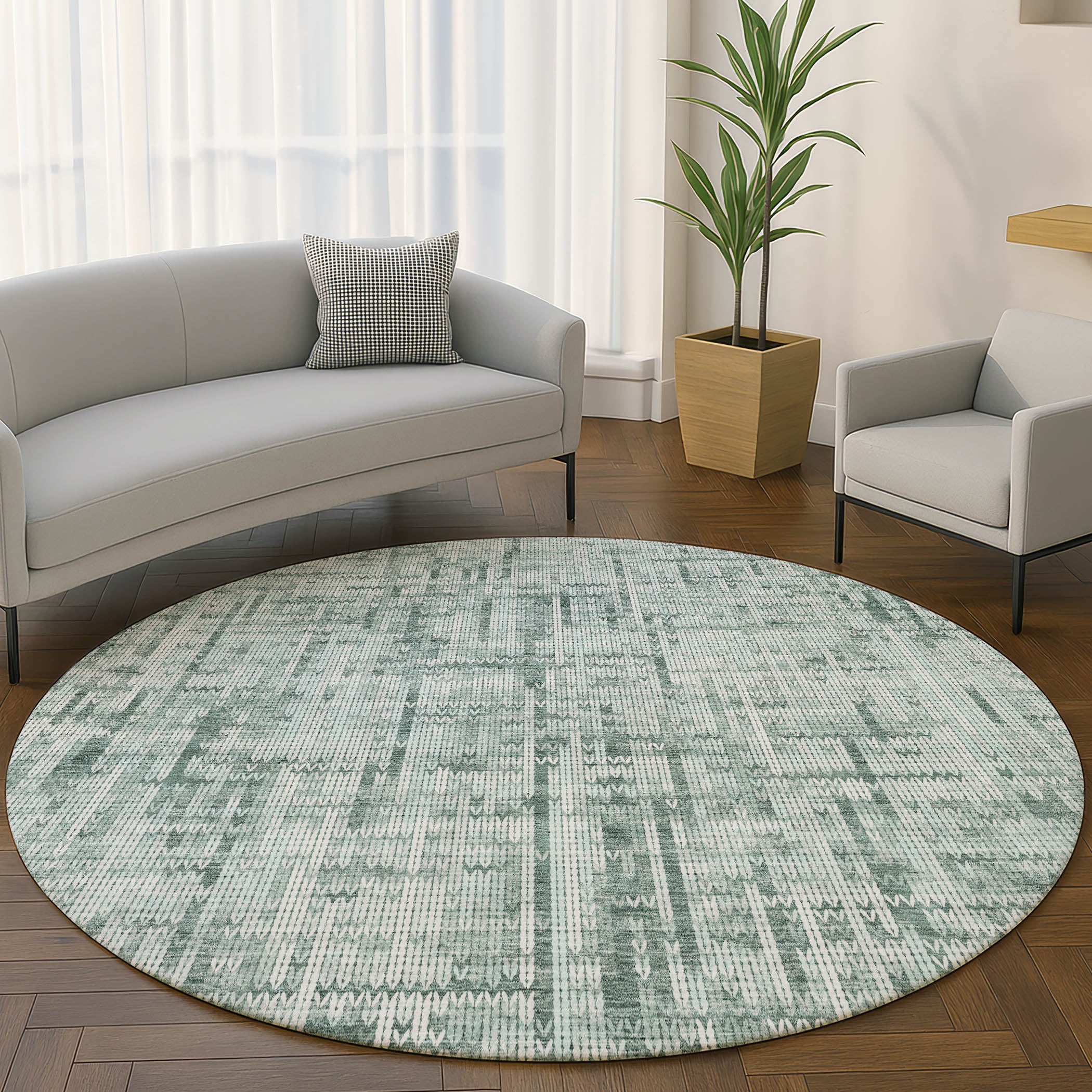 Kotor Machine Washable Transitional Teal Rug 8' x 8' #shape_Round
