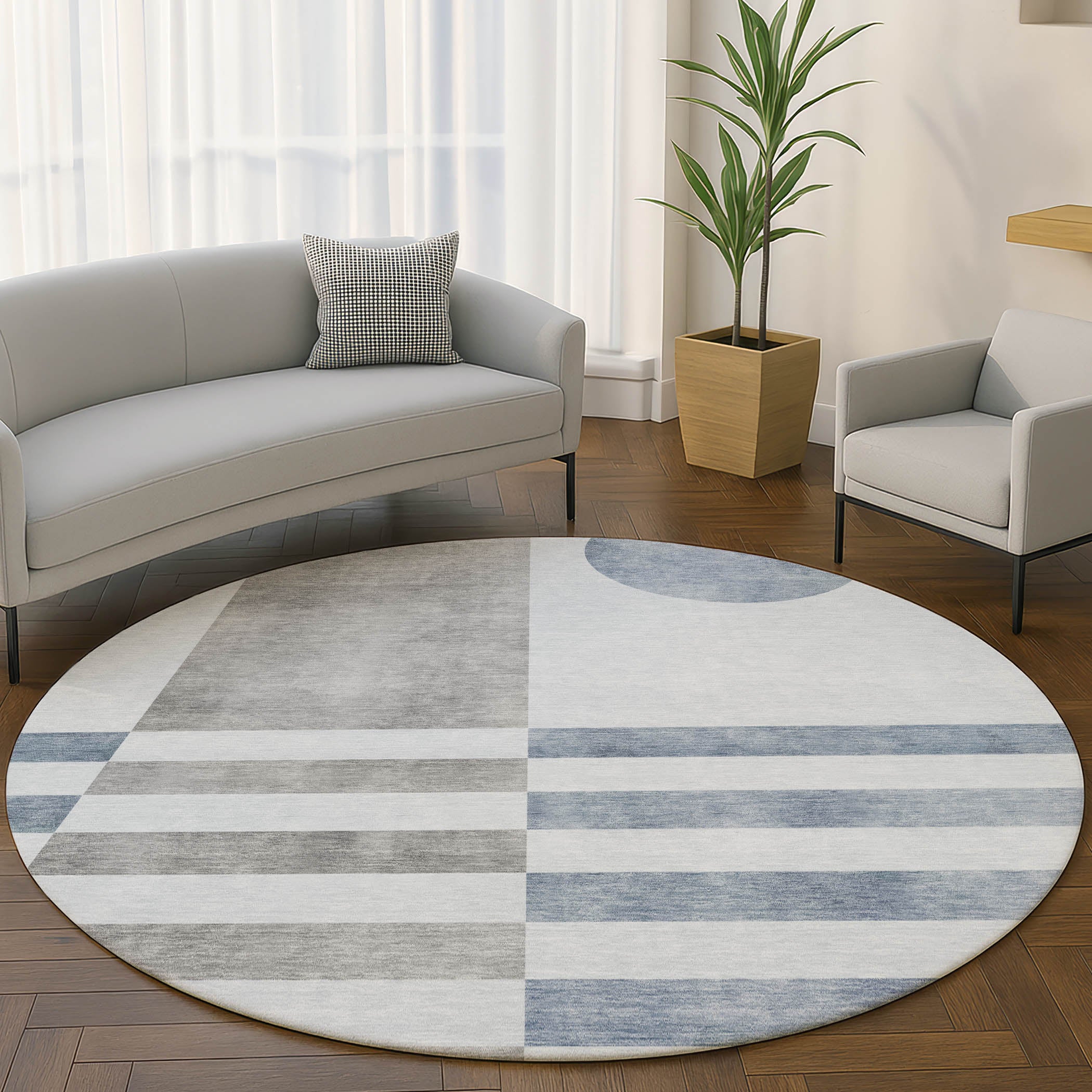 Valletta Machine Washable Transitional Blue Rug 8' x 8' #shape_Round