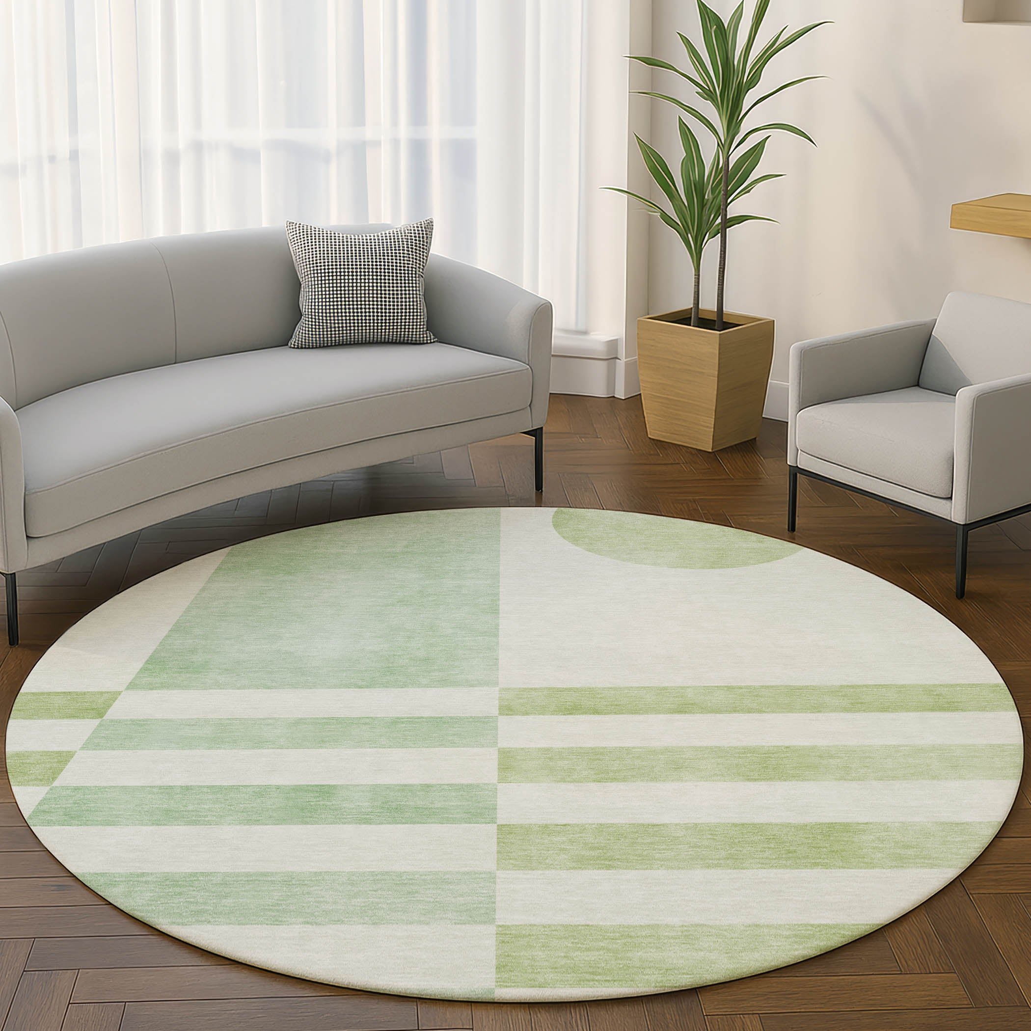 Valletta Machine Washable Transitional Green Rug 8' x 8' #shape_Round