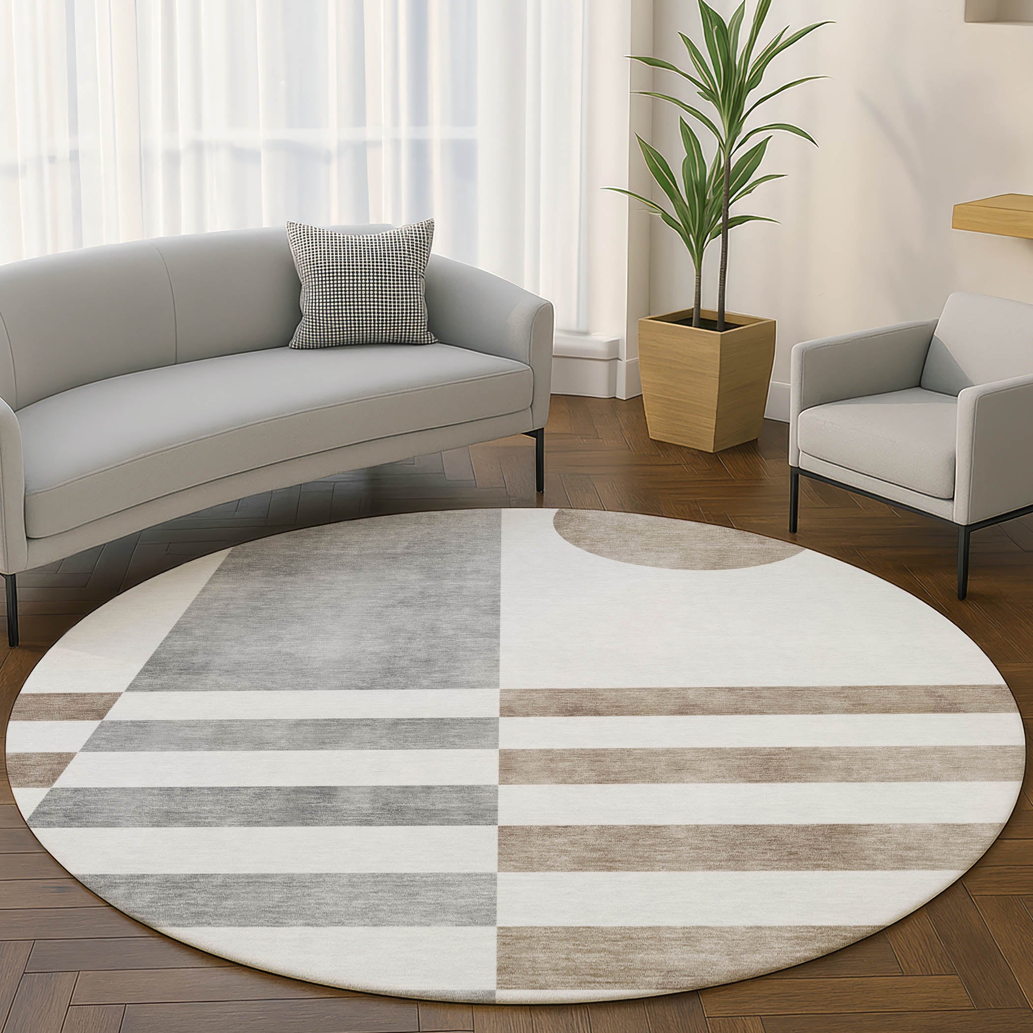 Valletta Machine Washable Transitional Ivory Rug 8' x 8' #shape_Round