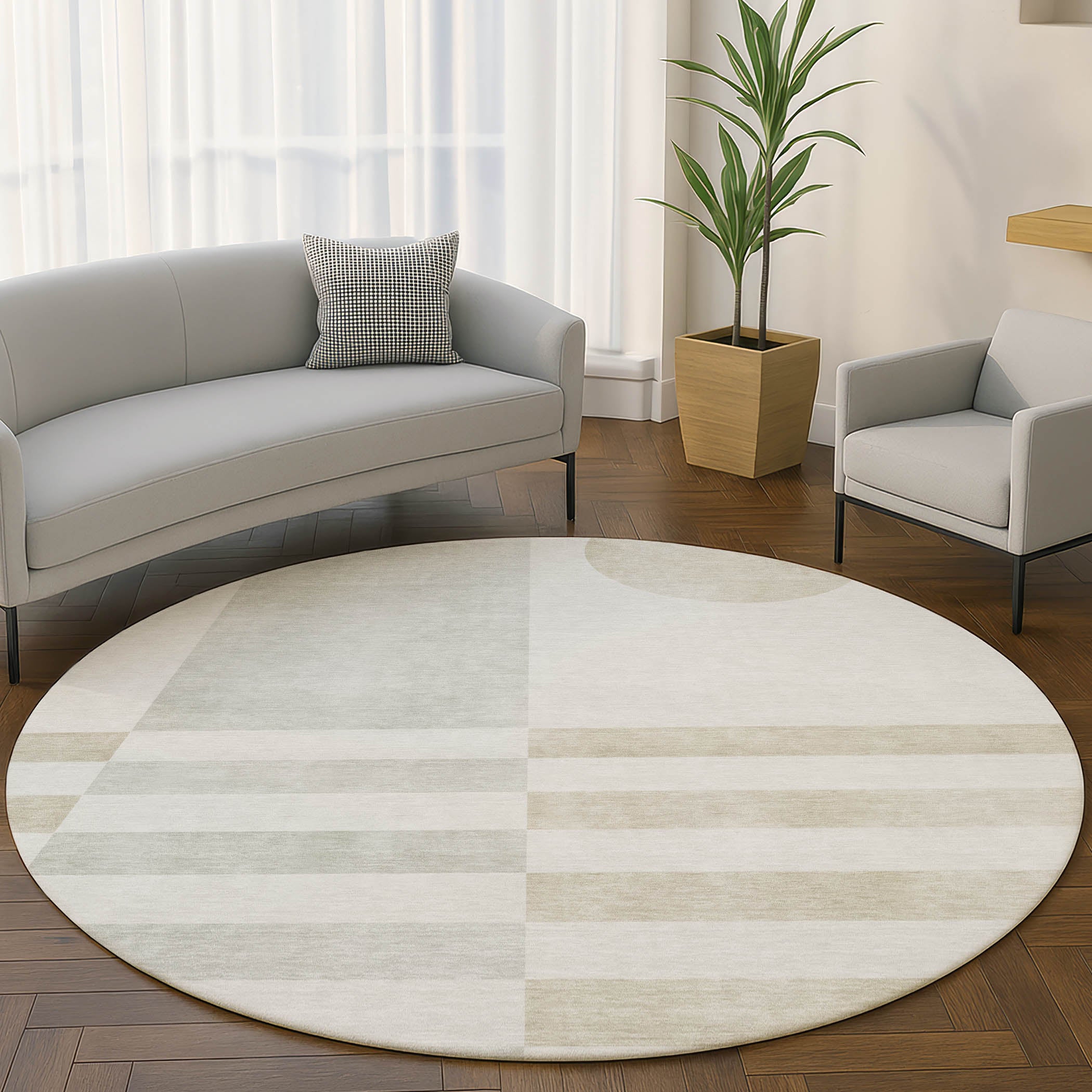 Valletta Machine Washable Transitional Linen Ivory Rug 8' x 8' #shape_Round