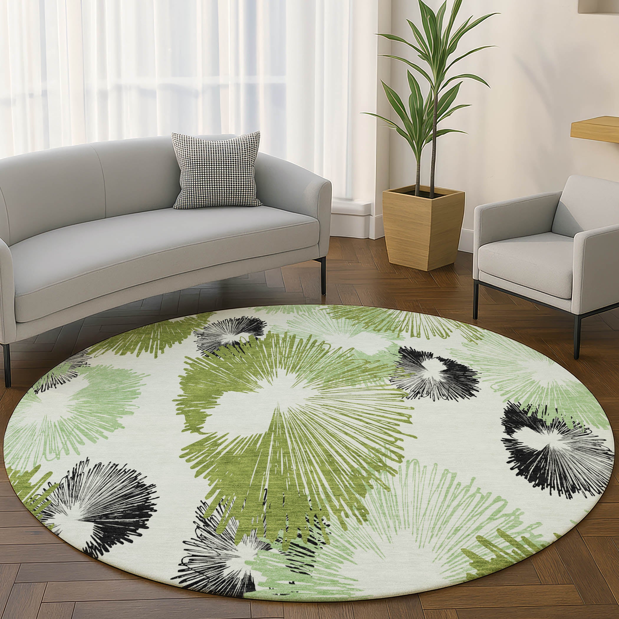 Marrakech Machine Washable Transitional Olive Green Rug 8' x 8' #shape_Round