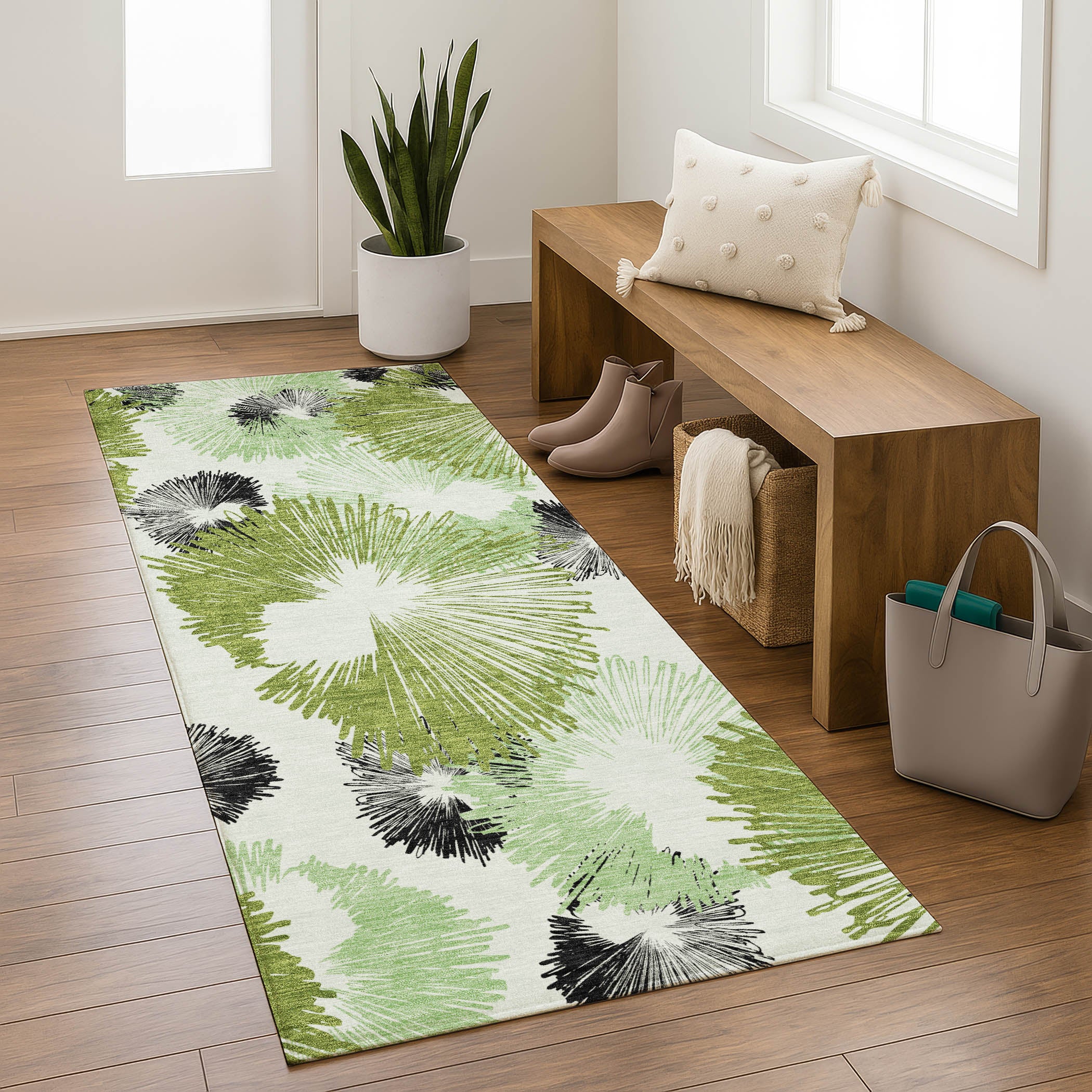 Marrakech Machine Washable Transitional Olive Green Rug 2'3" x 7'6" #shape_Runner