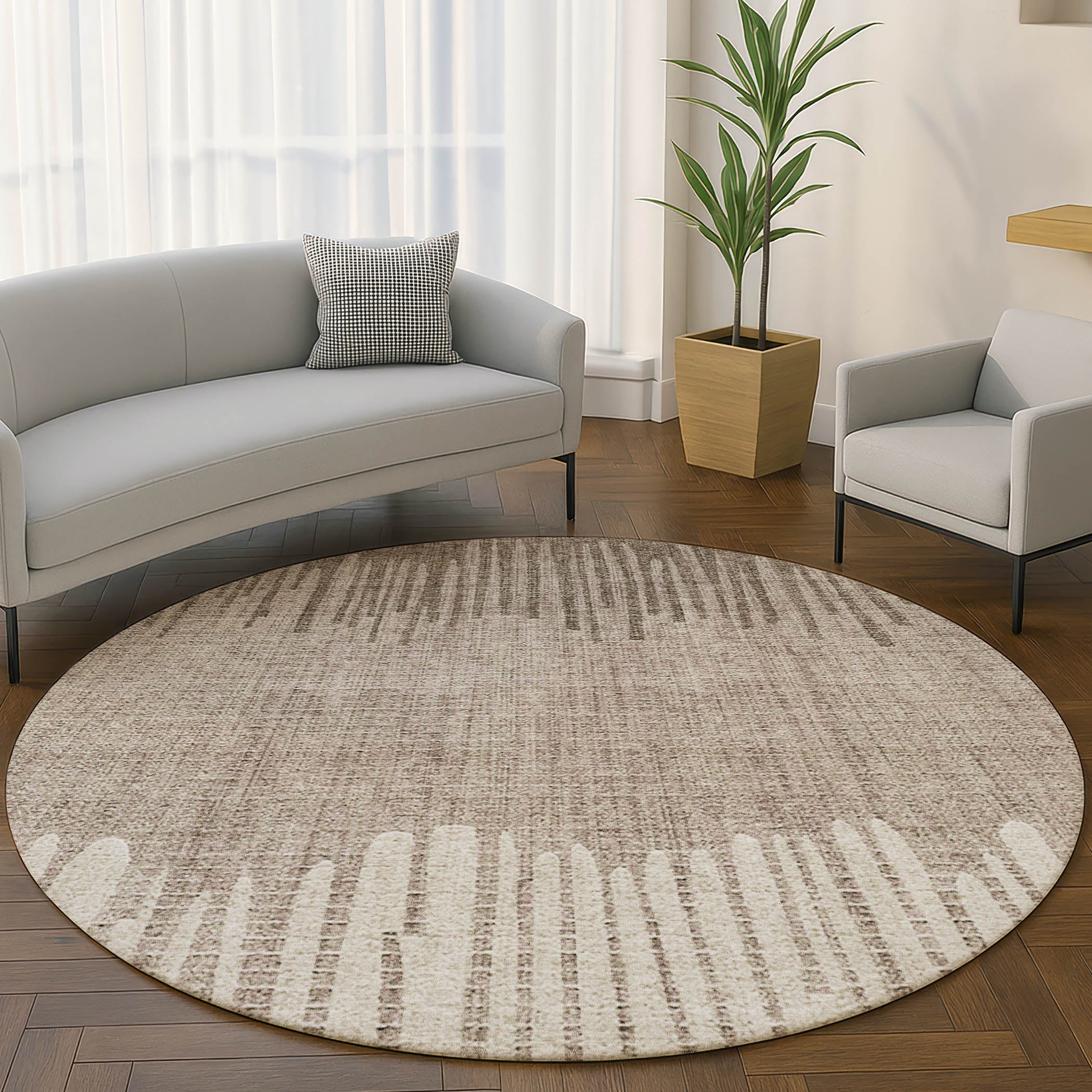 Bern Machine Washable Transitional Brown Rug 8' x 8' #shape_Round