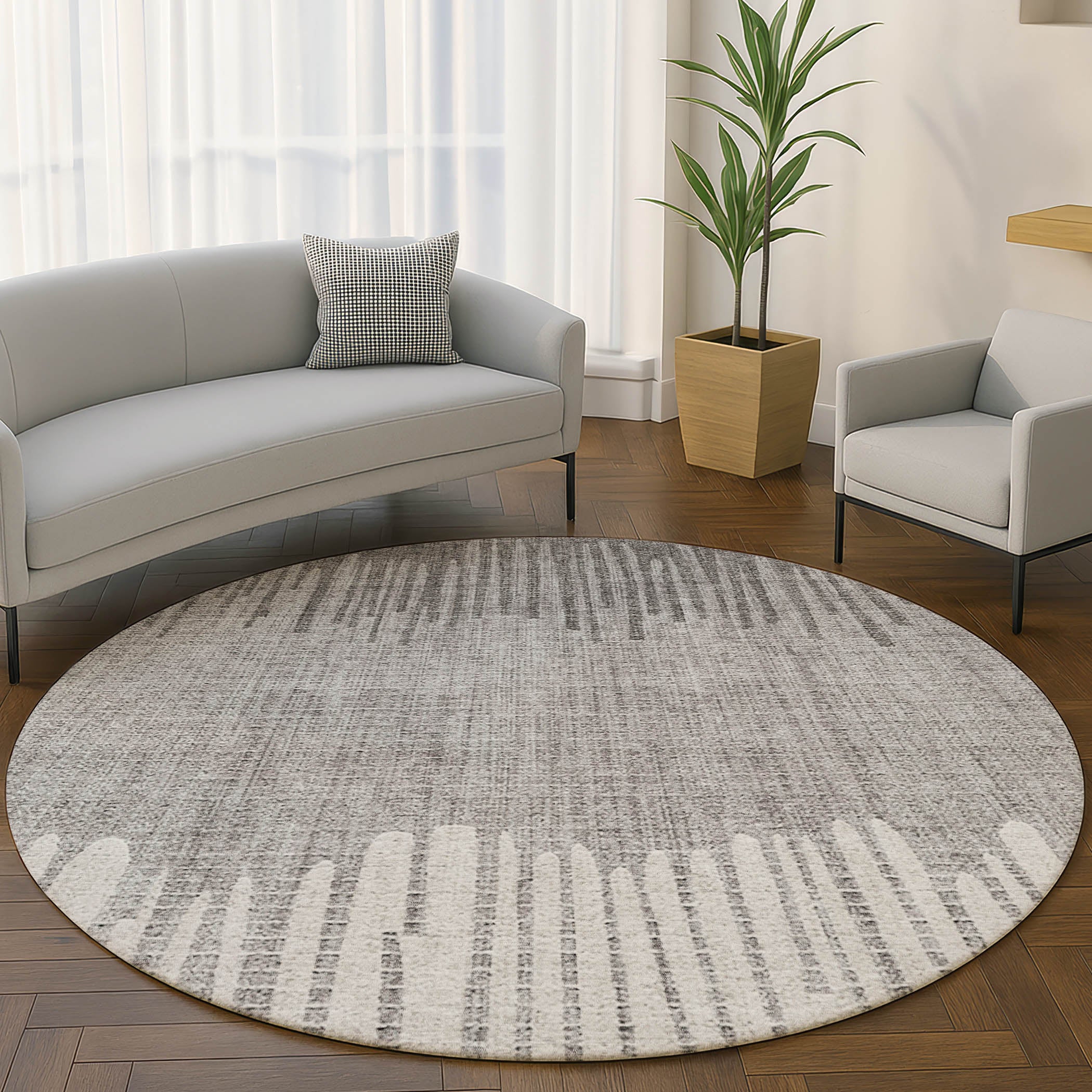 Bern Machine Washable Transitional Gray Rug 8' x 8' #shape_Round
