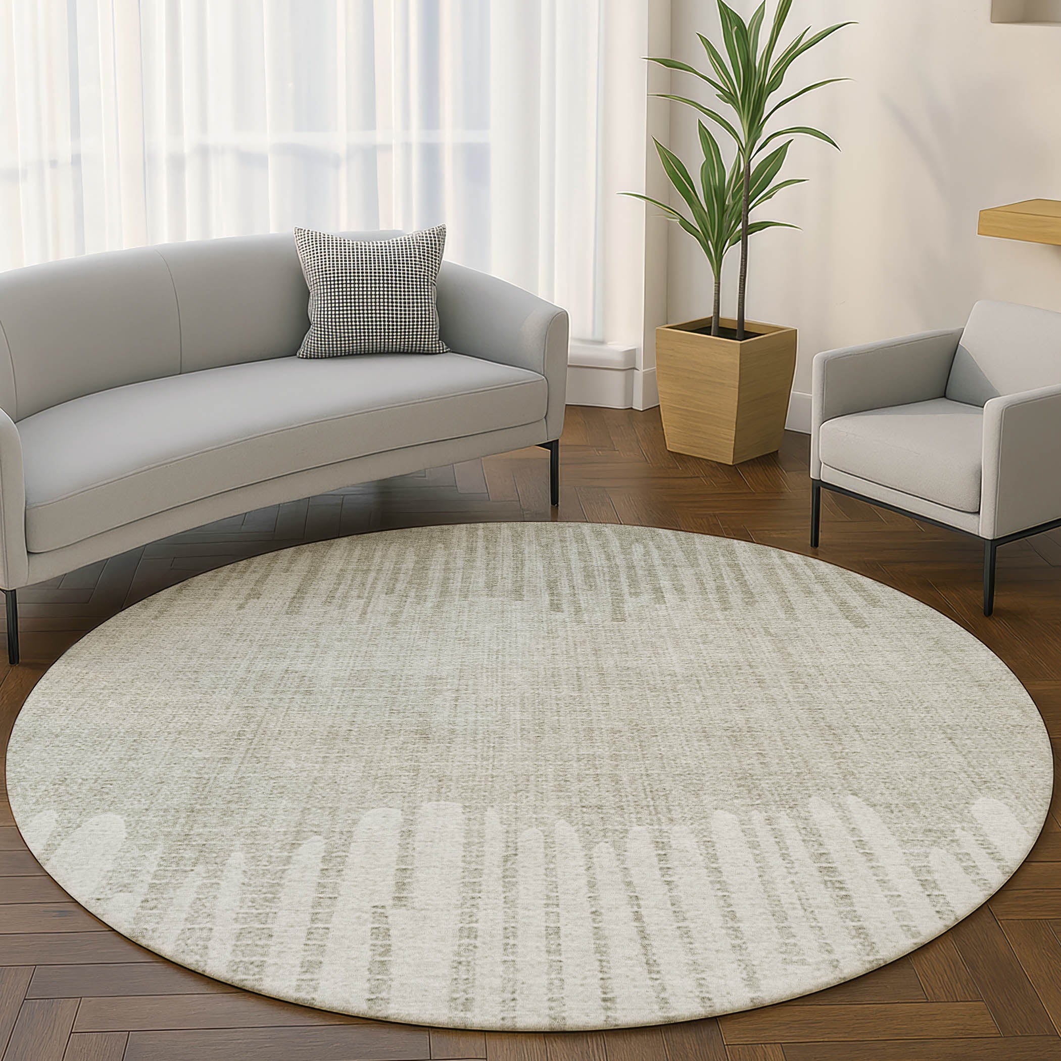 Bern Machine Washable Transitional Putty Ivory Rug 8' x 8' #shape_Round
