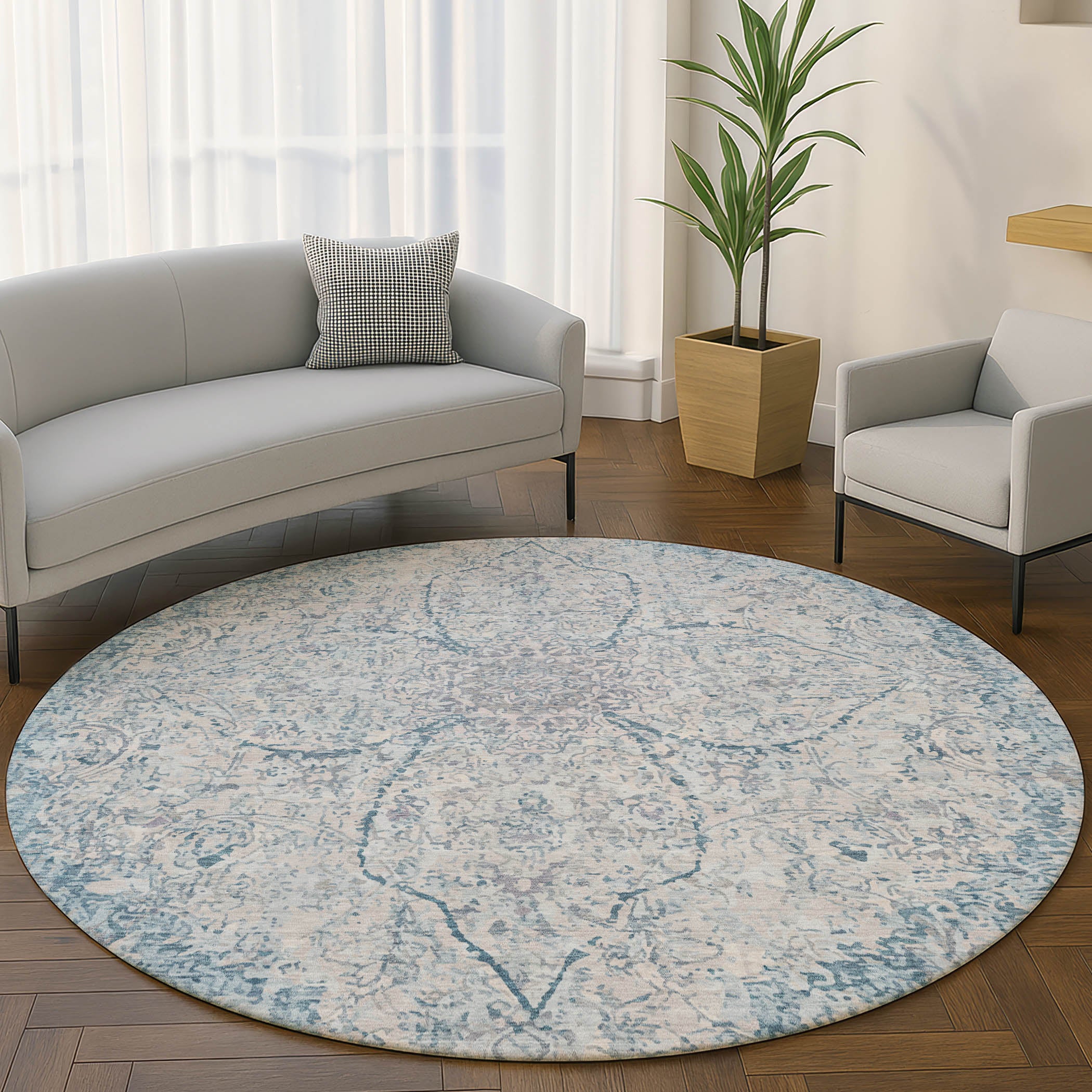 Marrakech Machine Washable Traditional Denim Blue Rug 8' x 8' #shape_Round
