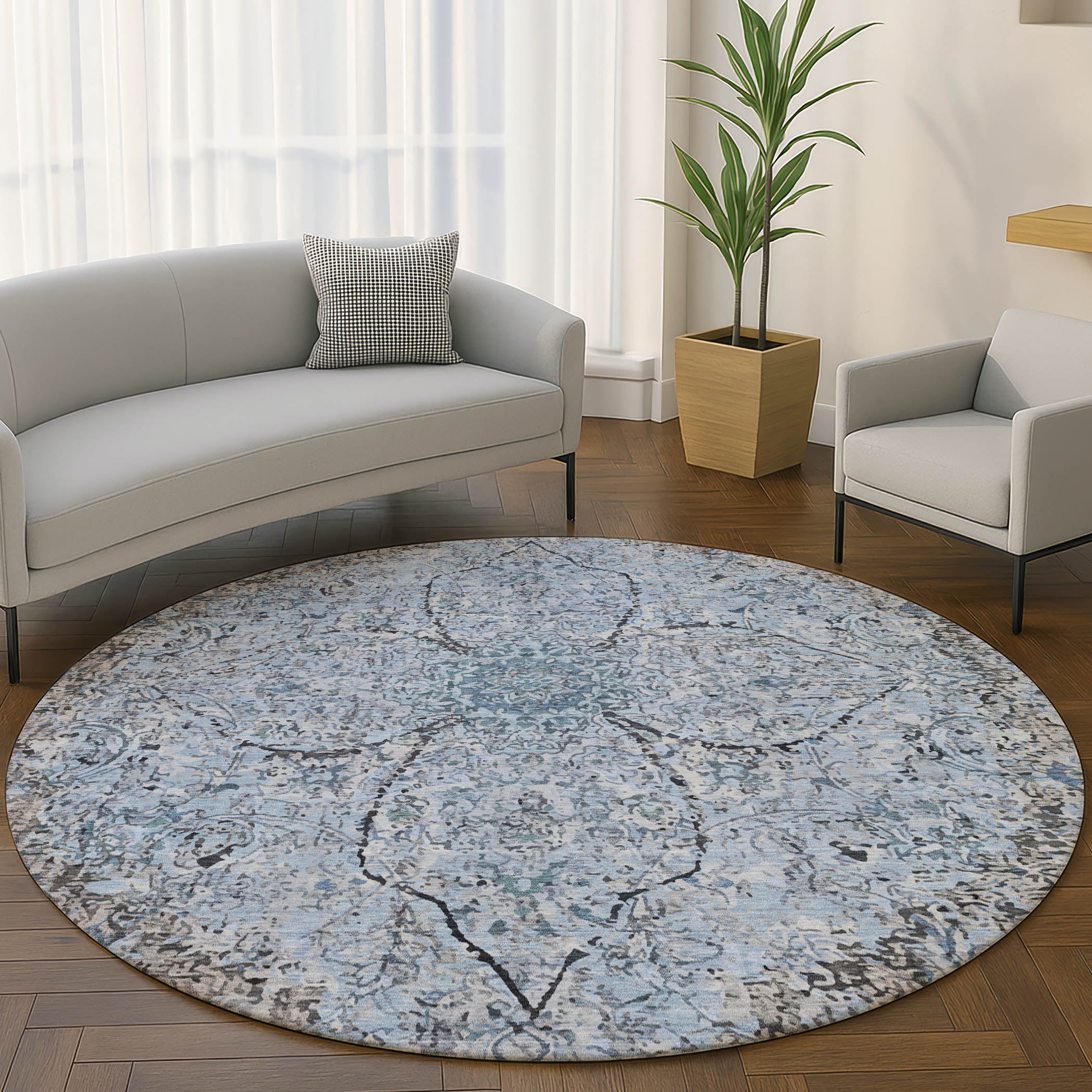Marrakech Machine Washable Traditional Gray Rug 8' x 8' #shape_Round