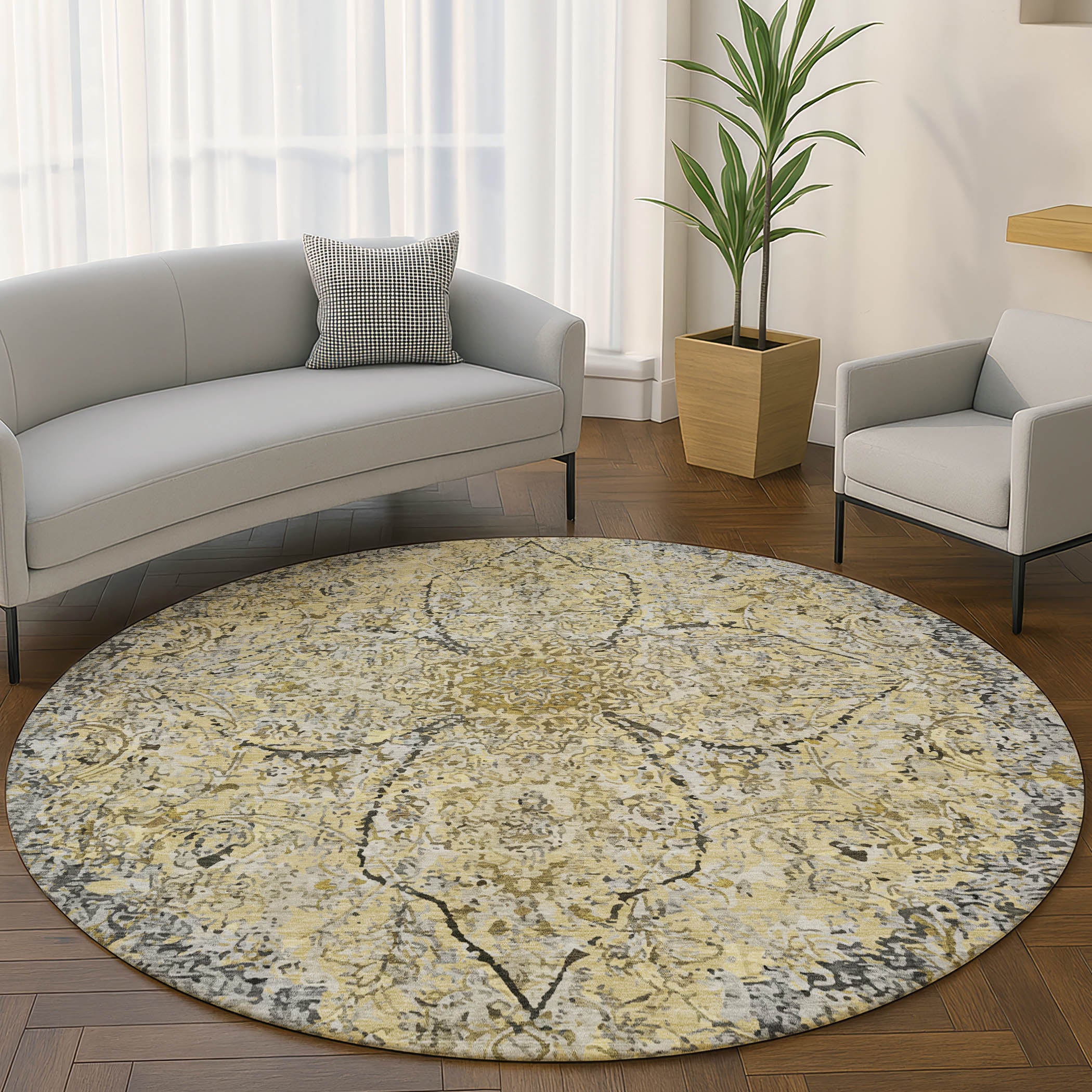 Marrakech Machine Washable Traditional Pewter Gray Rug 8' x 8' #shape_Round