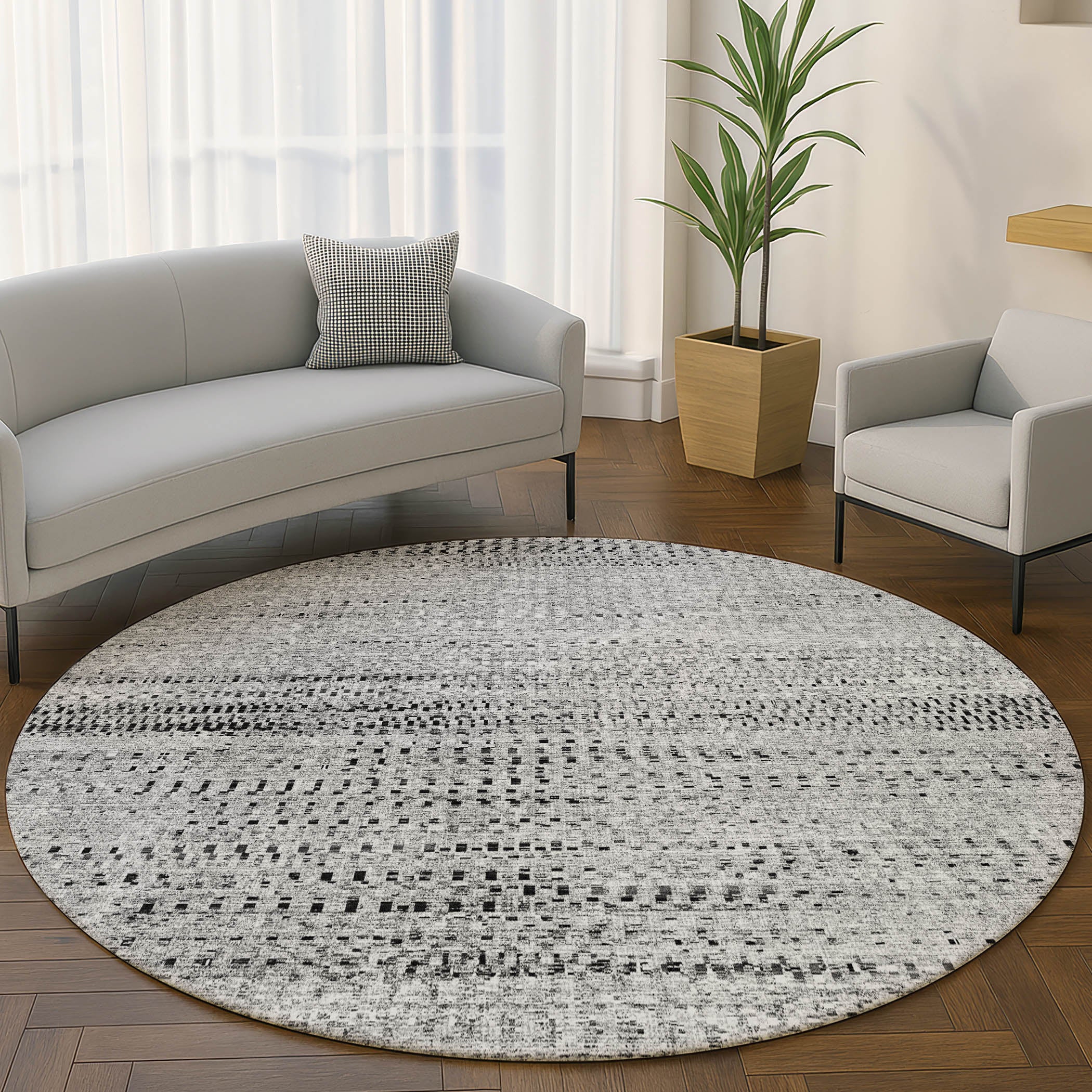 Kathmandu Machine Washable Transitional Gray Rug 8' x 8' #shape_Round
