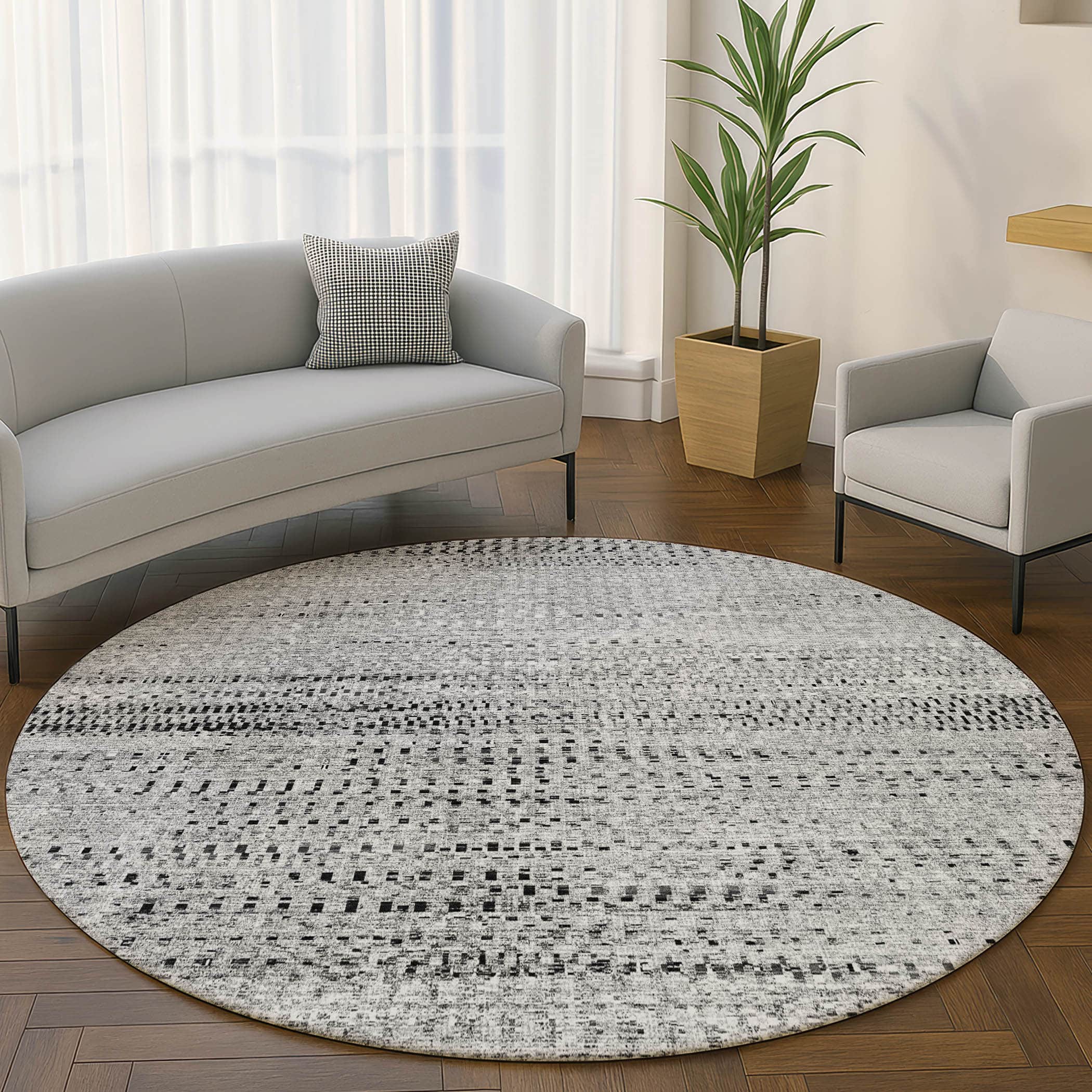 Kathmandu Machine Washable Transitional Gray Rug 8' x 8' #shape_Round